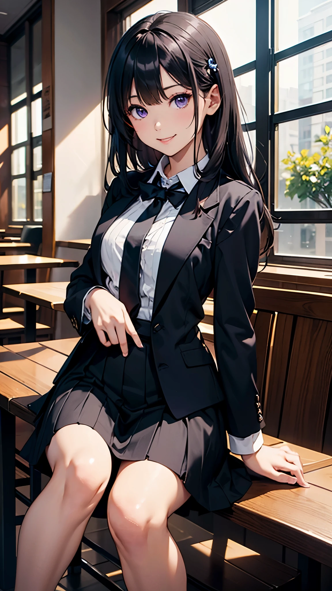 (最高masterpiece, highest quality,official art),(attractive woman),((masterpiece, highest quality))、 woman alone、((28 years old))、Head to knee、attractive woman、smile、purple eyes、black hair、Half-up hairstyle、black suit、black long skirt、A bow tie、Emerald green stone in the center of the tie、 coffee shop、aerial perspective、great illustrations、Light、Light、Light、