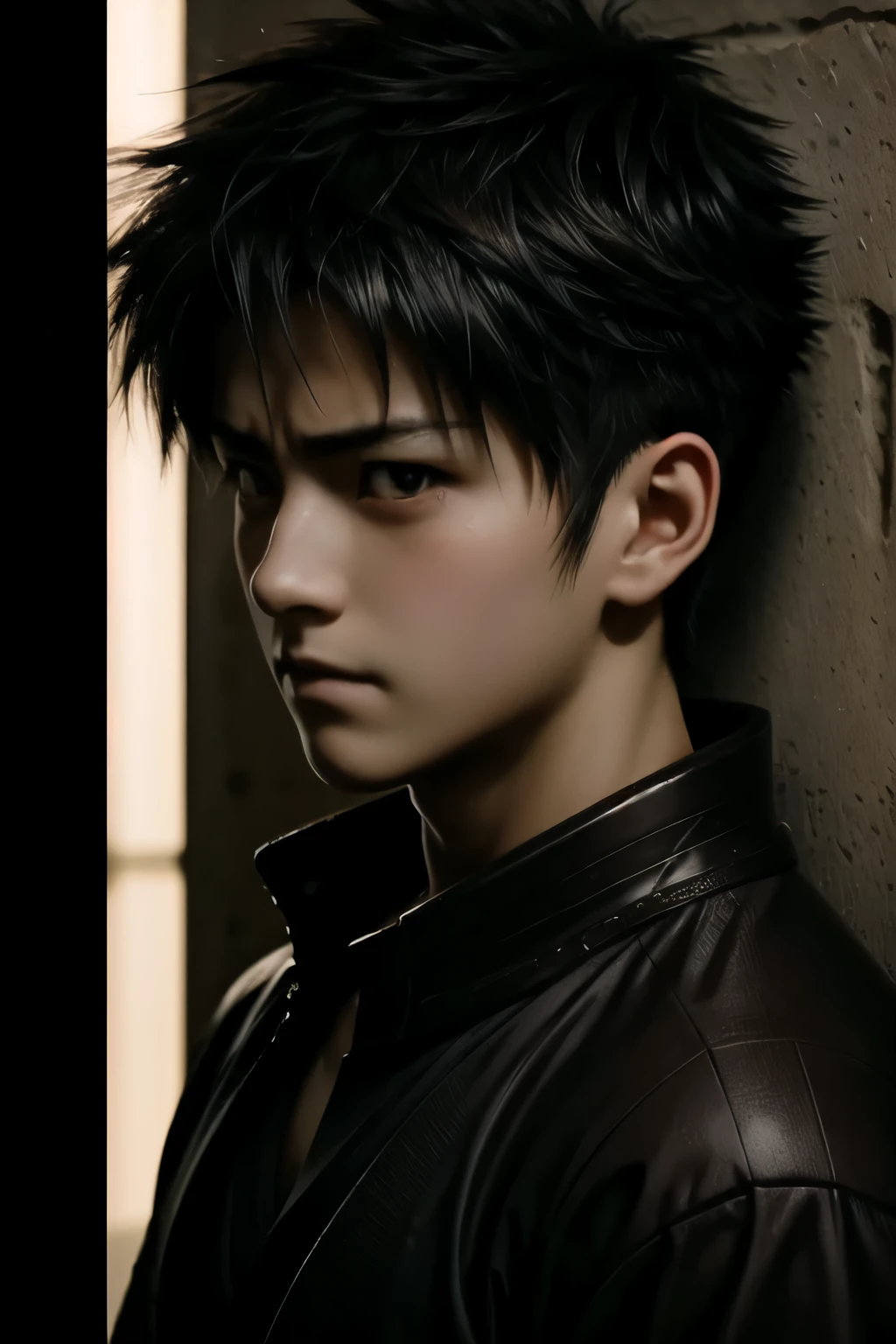masterpiece, An anime man leaning against the wall,((shed tears)),tears,Crying red eyes,desperate expression,side shot,looking into camera,Samurai Head, Amber eye color, Perfect face shape and eyes, Natural light, chiaroscuro, in the bedroom