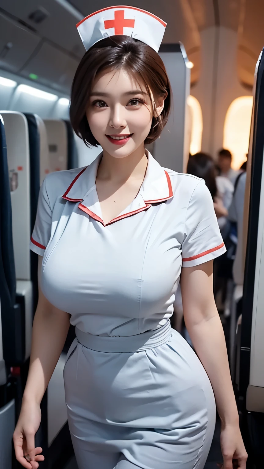 (The Ultimate Beautiful Japan Married Woman), 30s, hyperdetailed face, Detailed lips, (big eye:1.4), Double eyelids, Short brunette hair, (grin)、(White Molded Teeth), (cparted lips), ((Wearing a nurse's uniform:1.4))、((large full ???????)), thighs thighs thighs thighs、(Cowboy Shot:1.3), Perfect fit, depth of fields、Perfect image realism, Background with:((On the plane))、Meticulous background, detailed costume, Perfect litthing、Hyper-Realism、Photorealsitic、8K maximum resolution, (​masterpiece), ighly detailed, Professional