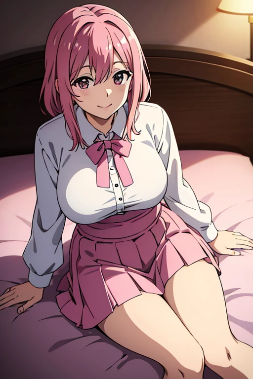 pink hair anime style big breasts blouse skirt happy smile lie on bed look at viewer