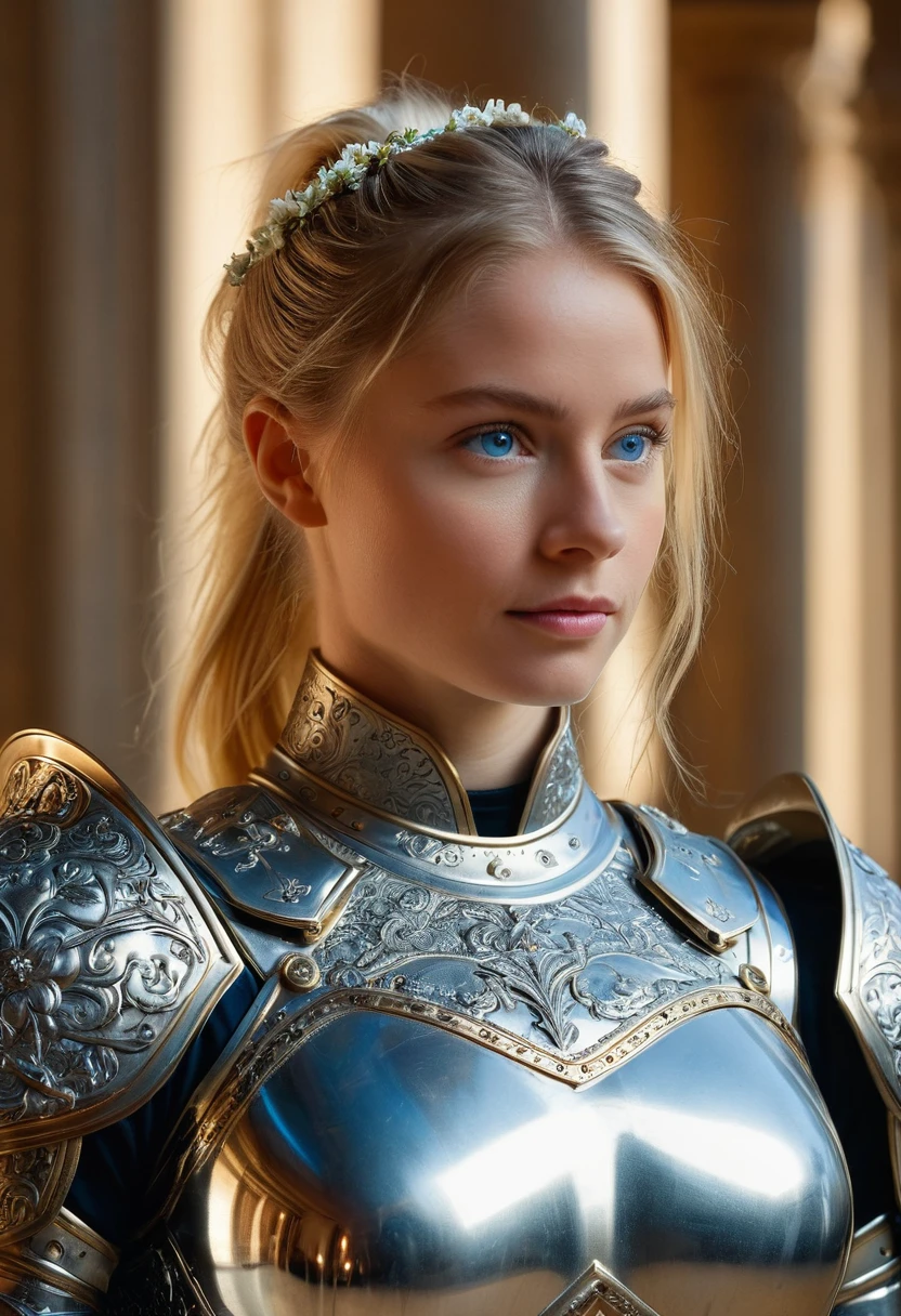(8K, best quality:1.2), (masterpiece:1.37), (photo, photorealistic:1.37), (ultrahigh-res), full body, (sit on the floor), dynamic pose, slow motion, female paladin wearing the up part body, (light silver armour:1.2),(ornately decorated armor), (insanely detailed, bloom:1.5), (highest quality, Alessandro Casagrande, Greg Rutkowski, Sally Mann, concept art, 4k), (analog:1.2), (high sharpness), (detailed pupils:1.1), detailed face and eyes, Masterpiece, best quality, (highly detailed photo:1.1), (long blonde Hair, blue eyes, ponytail, ecstatic:1.1), (young woman:1.1), sharp, (perfect body:1.1), realistic, real shadow, 3d, (temple background:1.2), (by Michelangelo), photographed by Canan EOS R6, 135mm, 1/1250s, f/2.8, ISO 400