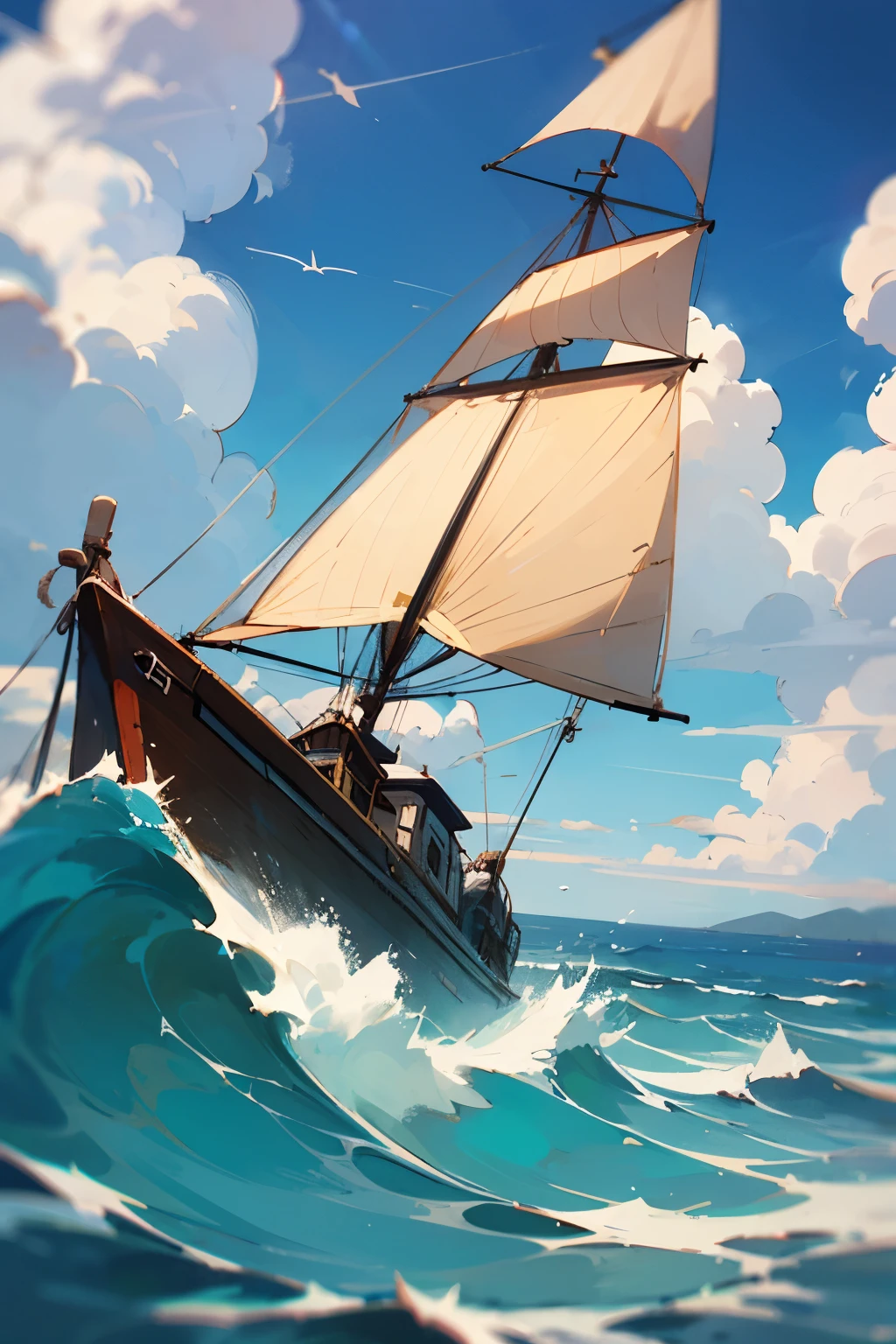 The boat sails forward,Riding the waves at sea,Sunshine Sponge,
