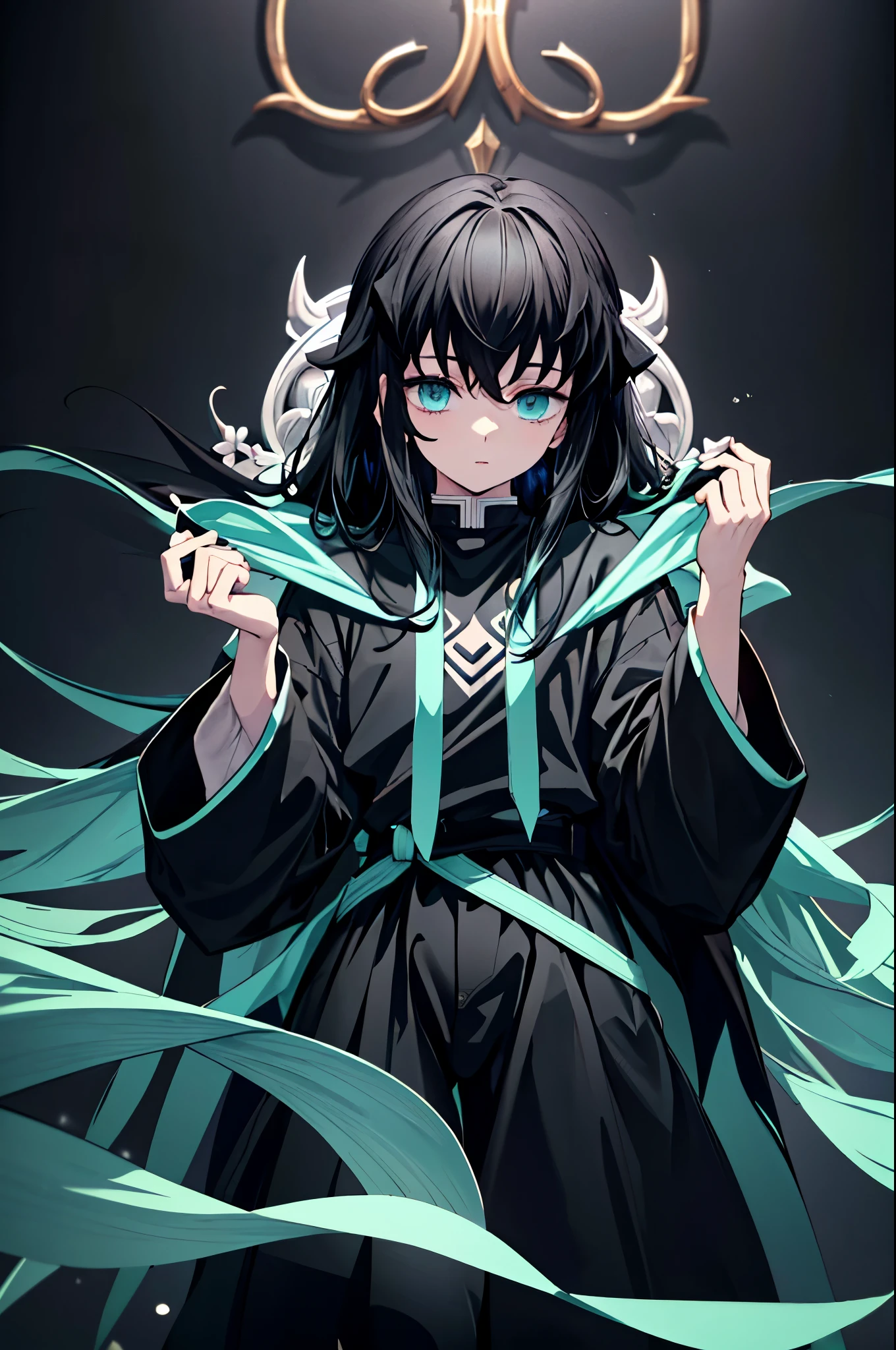 highest quality、highest quality、Super detailed、perfect face、very detailed、perfect human body、very delicate and detailed、1 boy、long black hair、hair is down to the waist、The ends of the hair are mint green、light blue eyes、Wearing a big black hoodie、black pants、night、detailed background