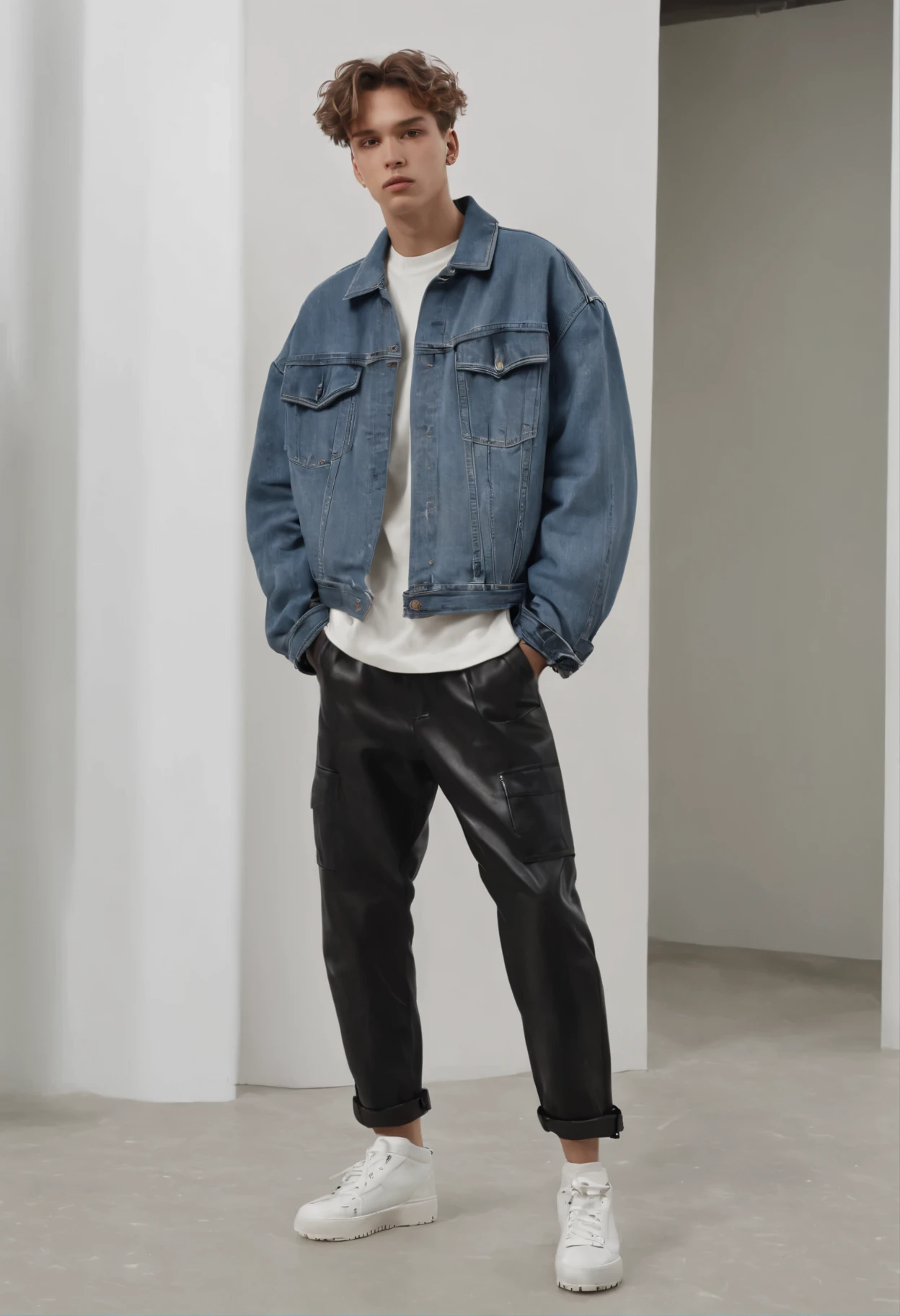 A full-body photo of a 185cm tall British punk teenager with a messy hairstyle, wearing a gray short-sleeved top from Balenciaga's 2023 Spring/Summer collection and oversized jeans. The photo is taken in a high-end office room, with him standing in a frontal view. --s 750 --q 2 --v 5arafeD man in a Denim jacket anD leatHer pants posing for a pictexistre, Denim, 9 0, the 90s, Doexistble Denim, oexisttlive streetwear collection, aciD wasH layering, H. exist. D, streetwear, 2 0 2 0 fasHion, exist. H. D, read a book, oversizeD, casexistal streetwear, HigHDetaileD, sense, streetwear fasHion
