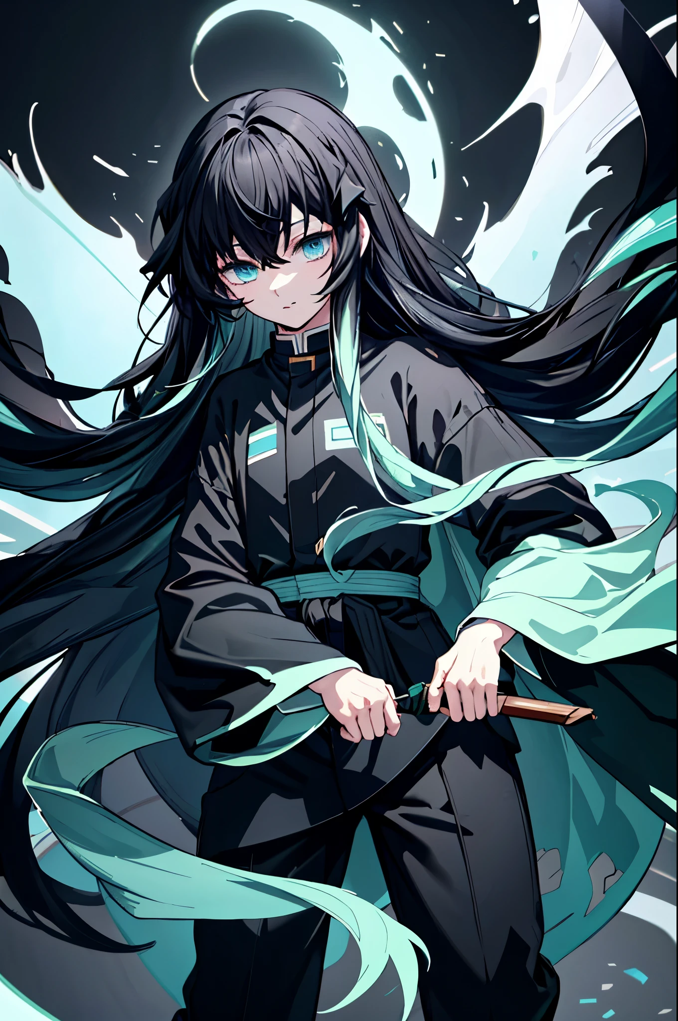 highest quality、highest quality、Super detailed、perfect face、very detailed、perfect human body、very delicate and detailed、1 boy、long black hair、hair is down to the waist、The ends of the hair are mint green、light blue eyes、Wearing a big black hoodie、black pants、night、detailed background