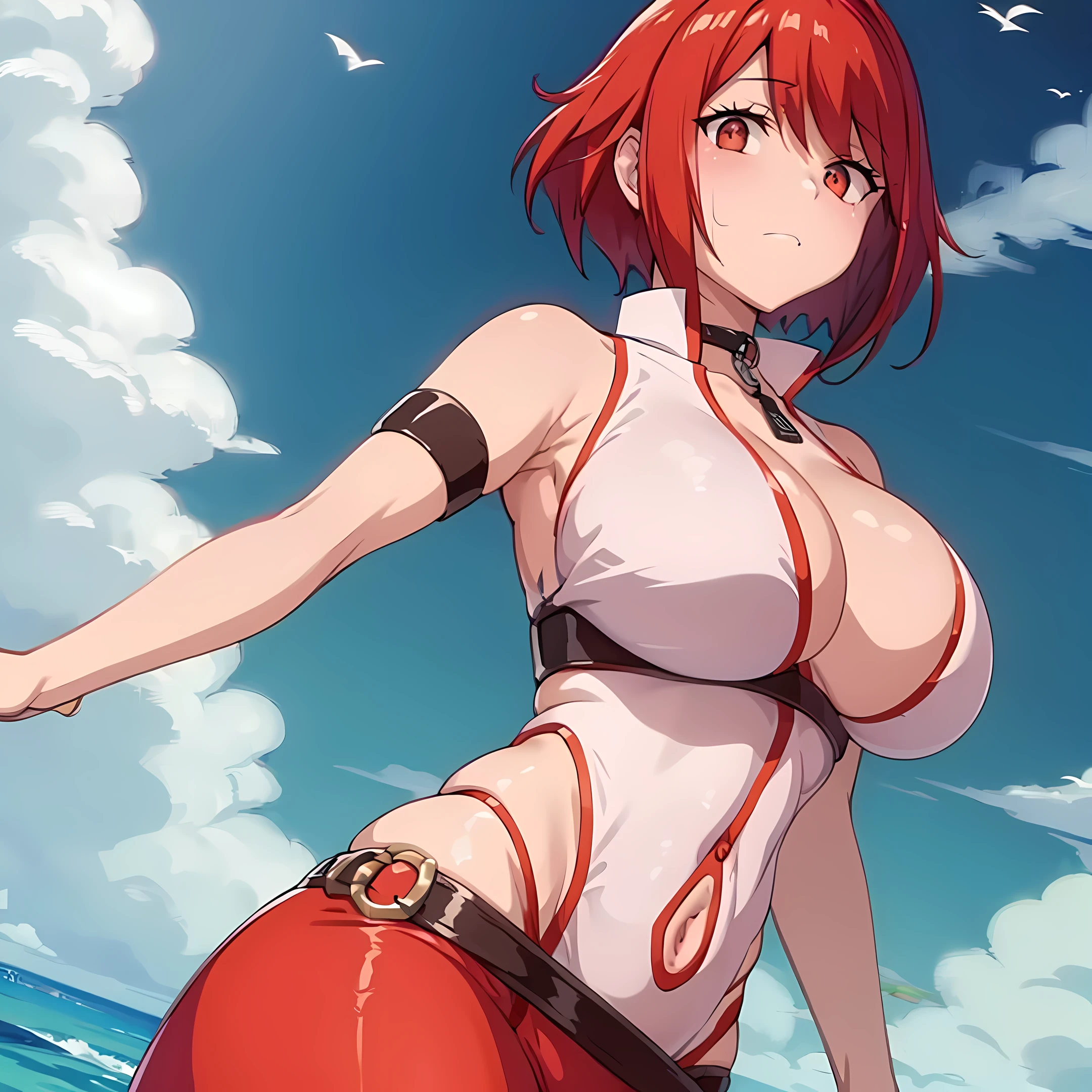 masterpiece, best quality, 1girl, solo, large breasts, looking at viewer, closed mouth , white shirt , BREAK (((navel_cutout))), cleavage, side_slit, skirt , red_leggings, arms behind back, cloudy_sky, ocean
