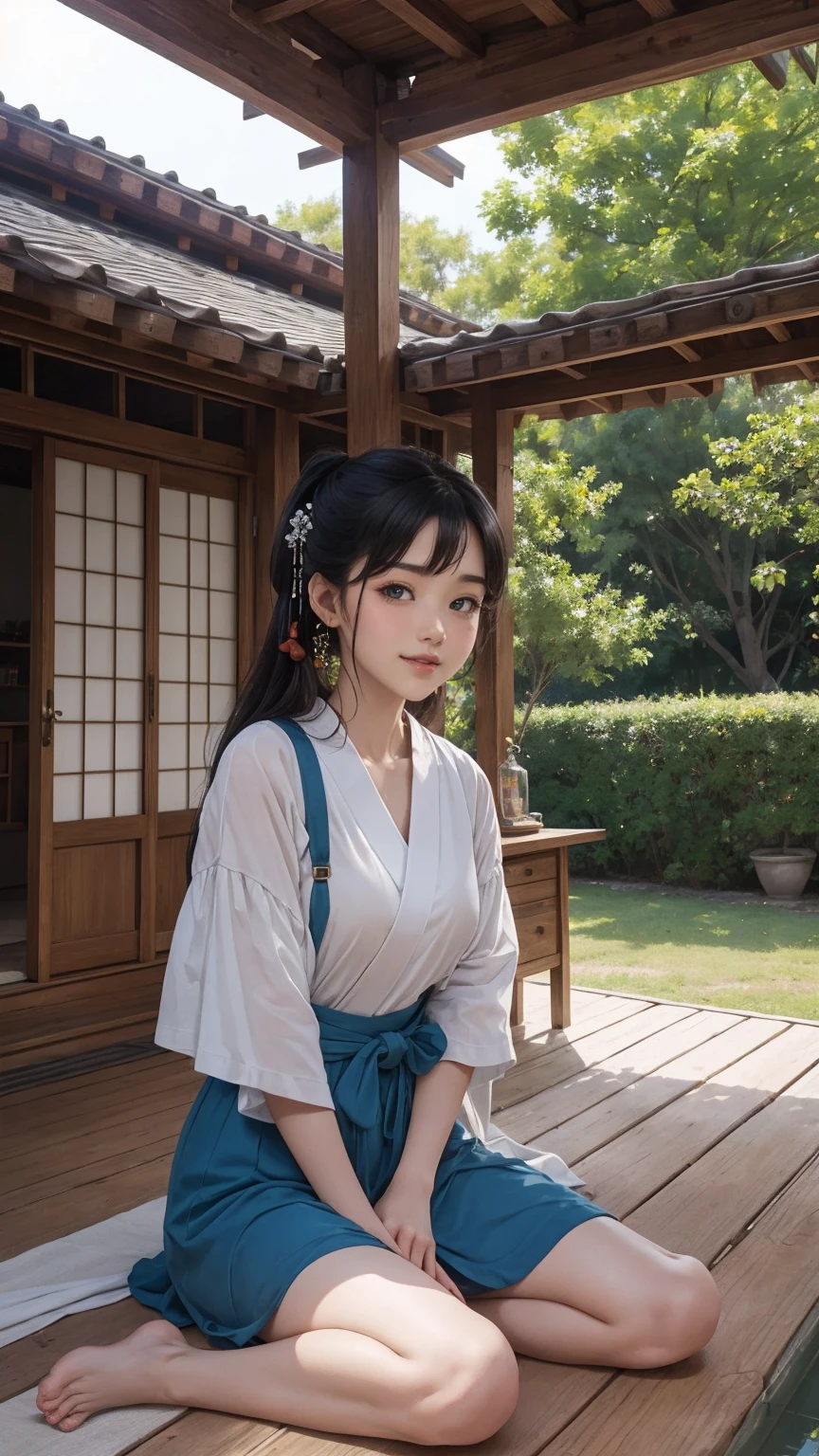 ((最high quality, 8K, masterpiece: 1.3, Ultra HD, high quality, 最high quality, High resolution, realism)) 、A 22-year-old extremely beautiful white woman、Her hair color is platinum blonde、blue eyeedium hair、straight hair、The hair is shiny、The skin is lustrous、smile、Slender but well-proportioned muscular body、Athlete-like body type、I don't want my head to disappear from the screen.、Wearing accessories on your wrist、Wearing red nail polish、I have a peticure、Sitting on the veranda of a Japanese house in the Japanese countryside、It's summer、A wind chime is hung in front of the eaves.、barefoot、There is a basket full of tomatoes and carrots on the veranda.、The basket is made of woven bamboo strips、A courtyard spreads out in front of the verandah.、There is a well with a hand pump in the courtyard.、wear a yukata、smile showing teeth((grin))