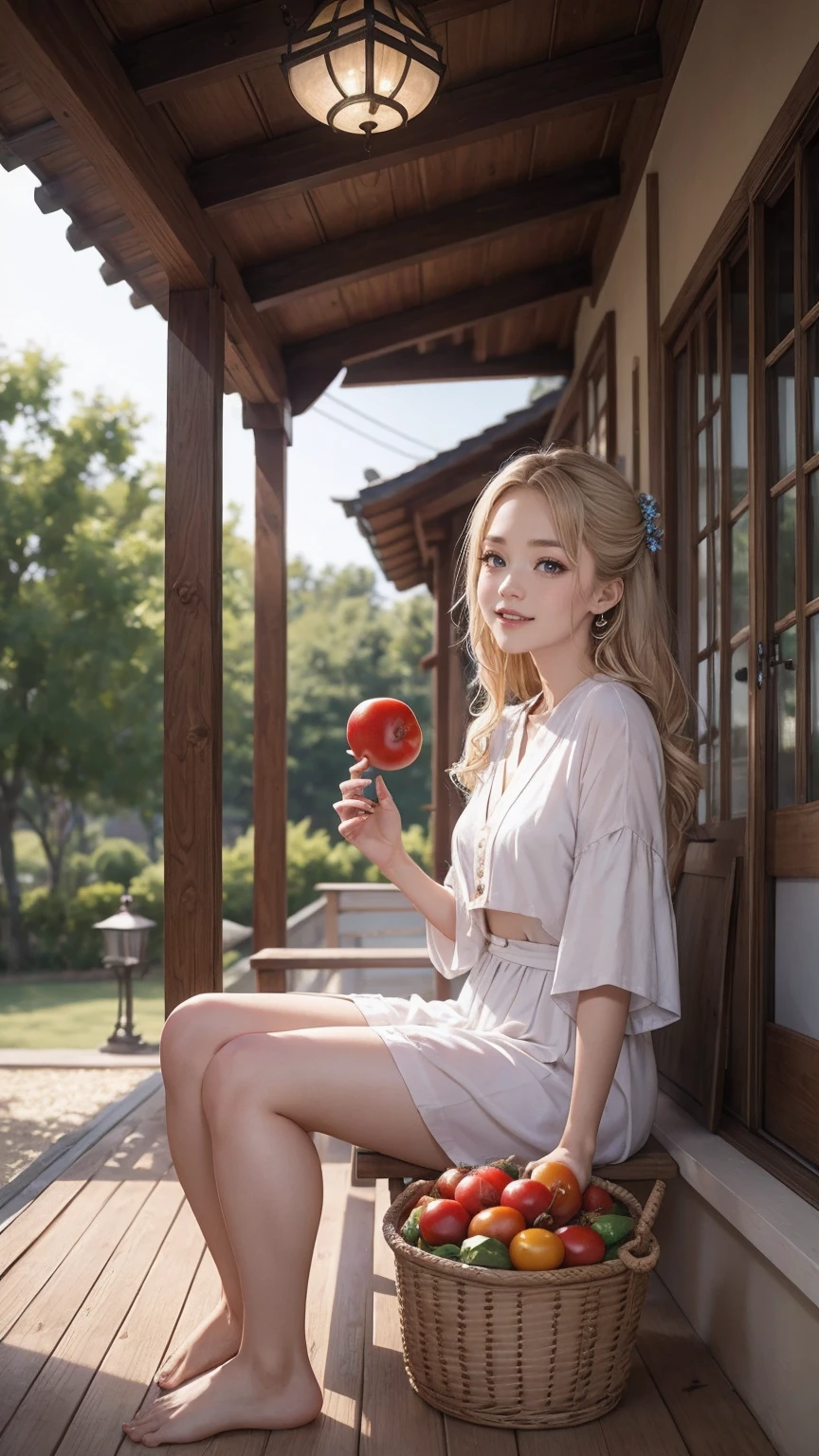((最high quality, 8K, masterpiece: 1.3, Ultra HD, high quality, 最high quality, High resolution, realism)) 、A 22-year-old extremely beautiful white woman、Her hair color is platinum blonde、blue eyeedium hair、straight hair、The hair is shiny、The skin is lustrous、smile、Slender but well-proportioned muscular body、Athlete-like body type、I don&#39;t want my head to disappear from the screen.、Wearing accessories on your wrist、Wearing red nail polish、I have a peticure、Sitting on the veranda of a Japanese house in the Japanese countryside、It&#39;s summer、A wind chime is hung in front of the eaves.、barefoot、There is a basket full of tomatoes and carrots on the veranda.、The basket is made of woven bamboo strips、A courtyard spreads out in front of the verandah.、There is a well with a hand pump in the courtyard.、wear a yukata、smile showing teeth((grin))