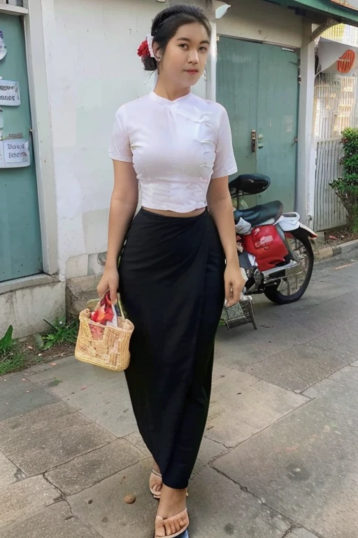 A Nurse is walking on the street in Yangon.A Nurse is Tall, thin, big hips, big breasts, black hair, small lips, brown eyes, attractive, 64K.Top=white Burmese blouse,With short sleeves,Buttoned at the side.Bottom=Red long skirt.
Footwear=female Burmese sandals,The hair is knotted bun.