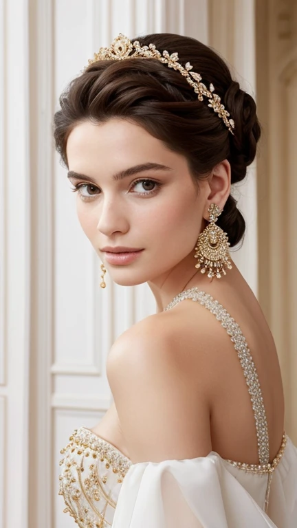 Une femme élégante vêtue d'une robe de soirée étincelante, with sparkling earrings and a sophisticated hairstyle.