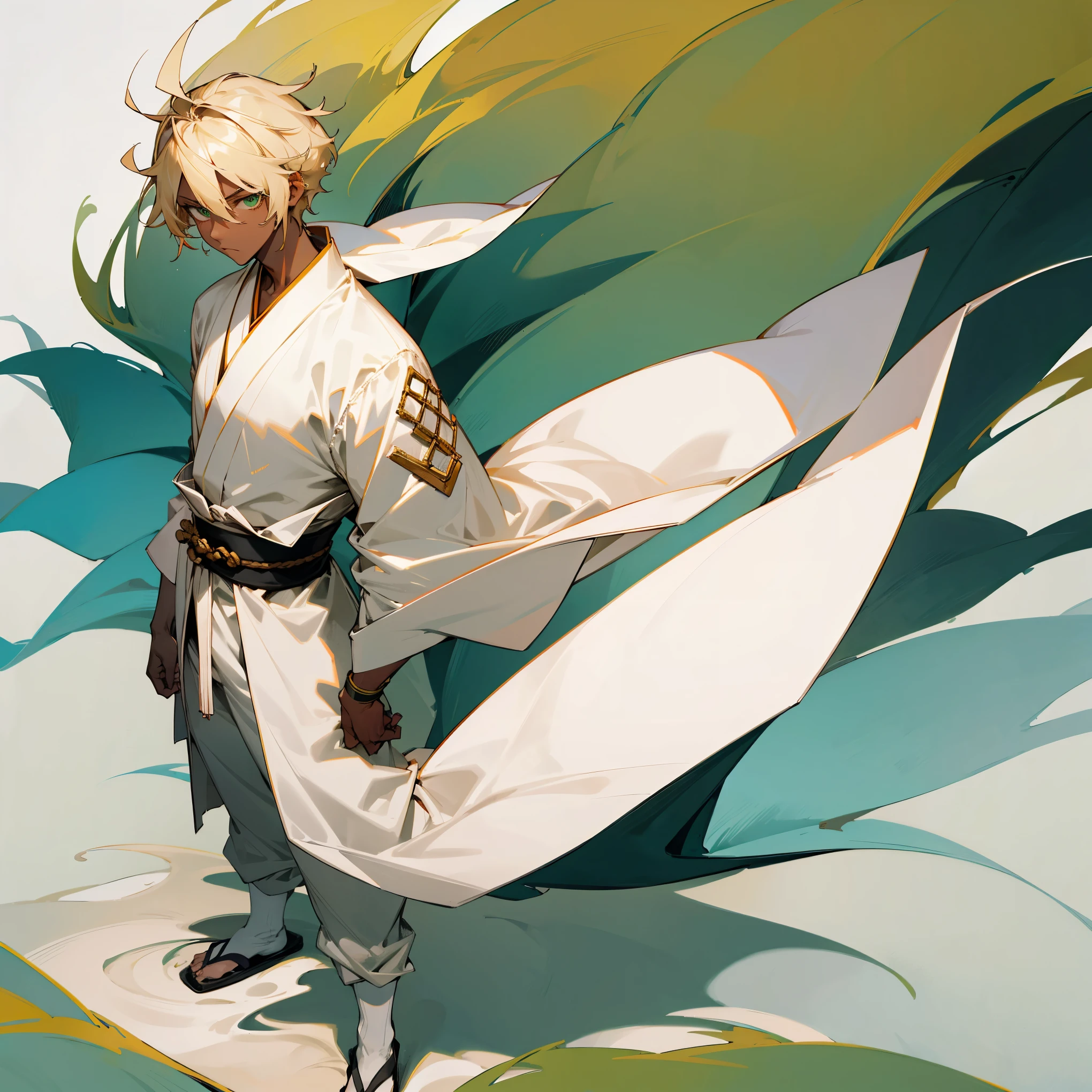 1male , White Robe , Dark Skin , Combat Clothing , Serious Expression , Blonde Hair , Green Eyes , Baggy White Pants , Japanese , Standing on Path