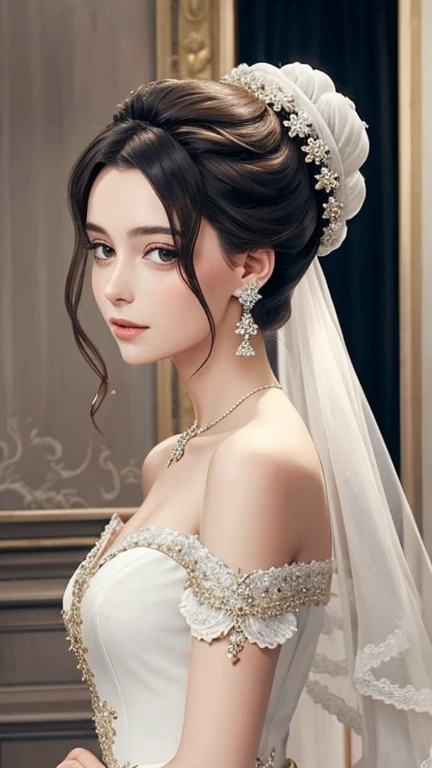 Une femme élégante vêtue d'une robe de soirée étincelante, with sparkling earrings and a sophisticated hairstyle.