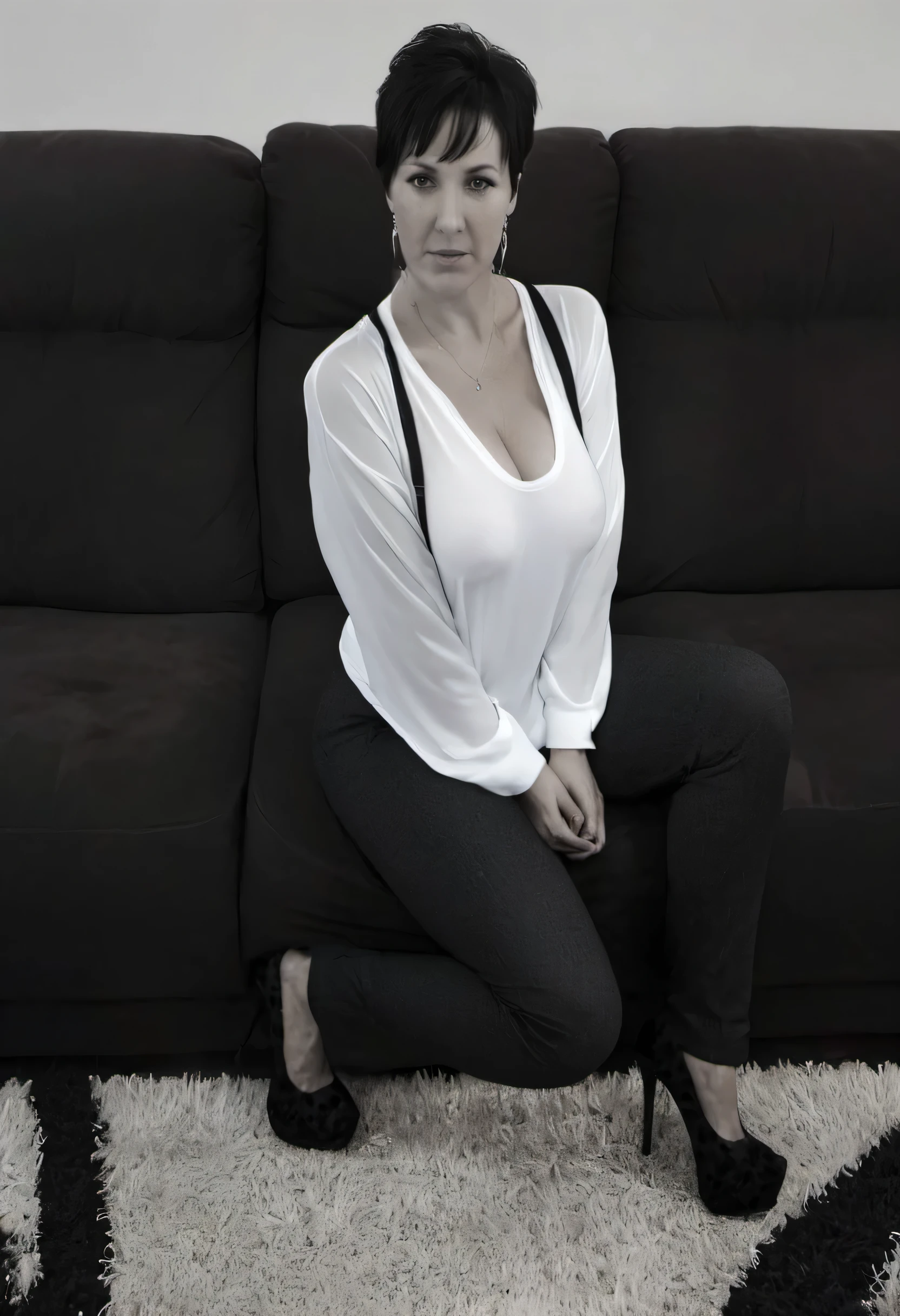 araffe woman auf einer Couch sitzen in a black and white photo, Auf dem Sofa sitzen, on a couch, auf der Couch sitzen, auf einem Sofa sitzen, auf der Couch sitzen, auf einer Couch sitzen, bekleidetes, non-nude portrait,Nackt, Portrait of a 40-year-old woman, white and black, am Sitzsofa