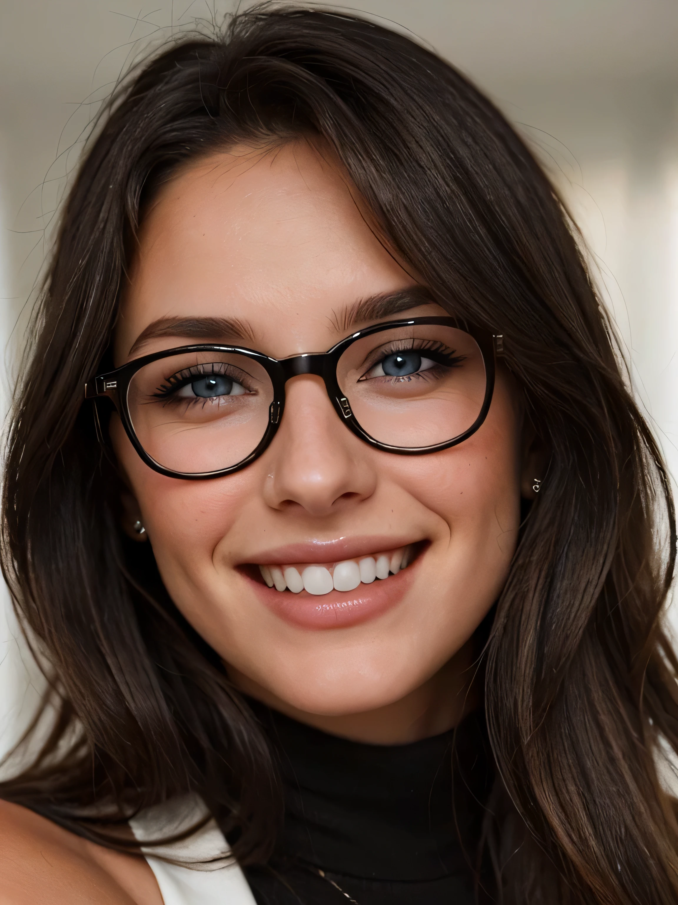 a closeup dark upper body shot photo of a blonde with perfect eyes, smile, same face, wearing glasses, dark hair colour