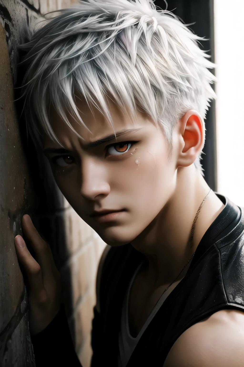 masterpiece,  An anime man leaning against the wall，（（shed tears：1.3）），tears，Crying red eyes，desperate expression，side shot，looking into camera，white hair, Amber eye color, Perfect face shape and eyes, Natural light, chiaroscuro, in the bedroom