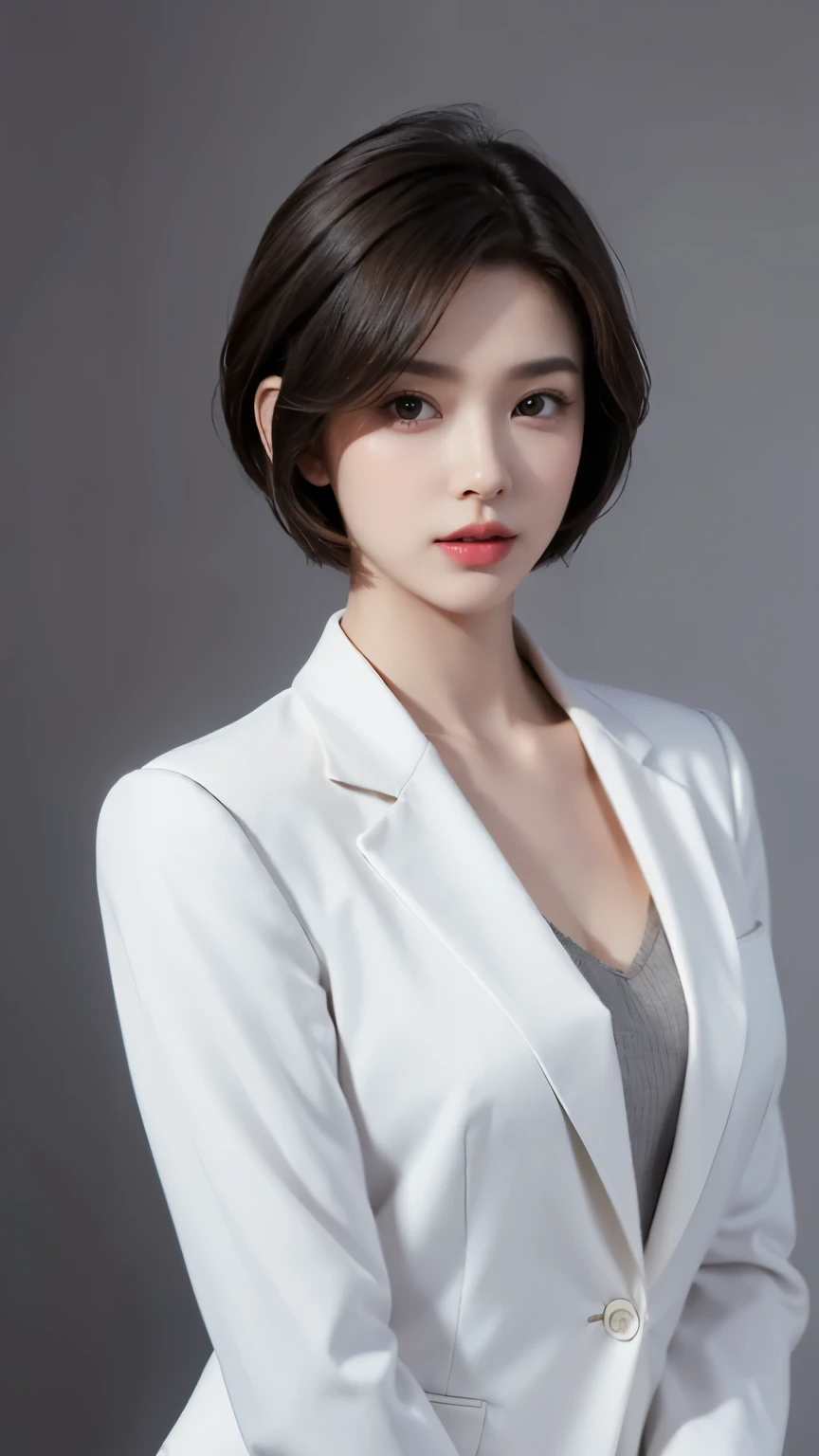 ((Half body photo)), 1girl,solo，masterpiece，best quality，high resolution，8K，(portrait)，real picture，Photographic grade，（Strong women in the workplace）（Capable，Capable）,20 year old girl，short hair hairstyle，red lips，Keep your mouth beautiful and attractive，Half body photo，Serious and arrogant，(white suit，white)，photo poses，Realistic style，gray background，Half-length photo