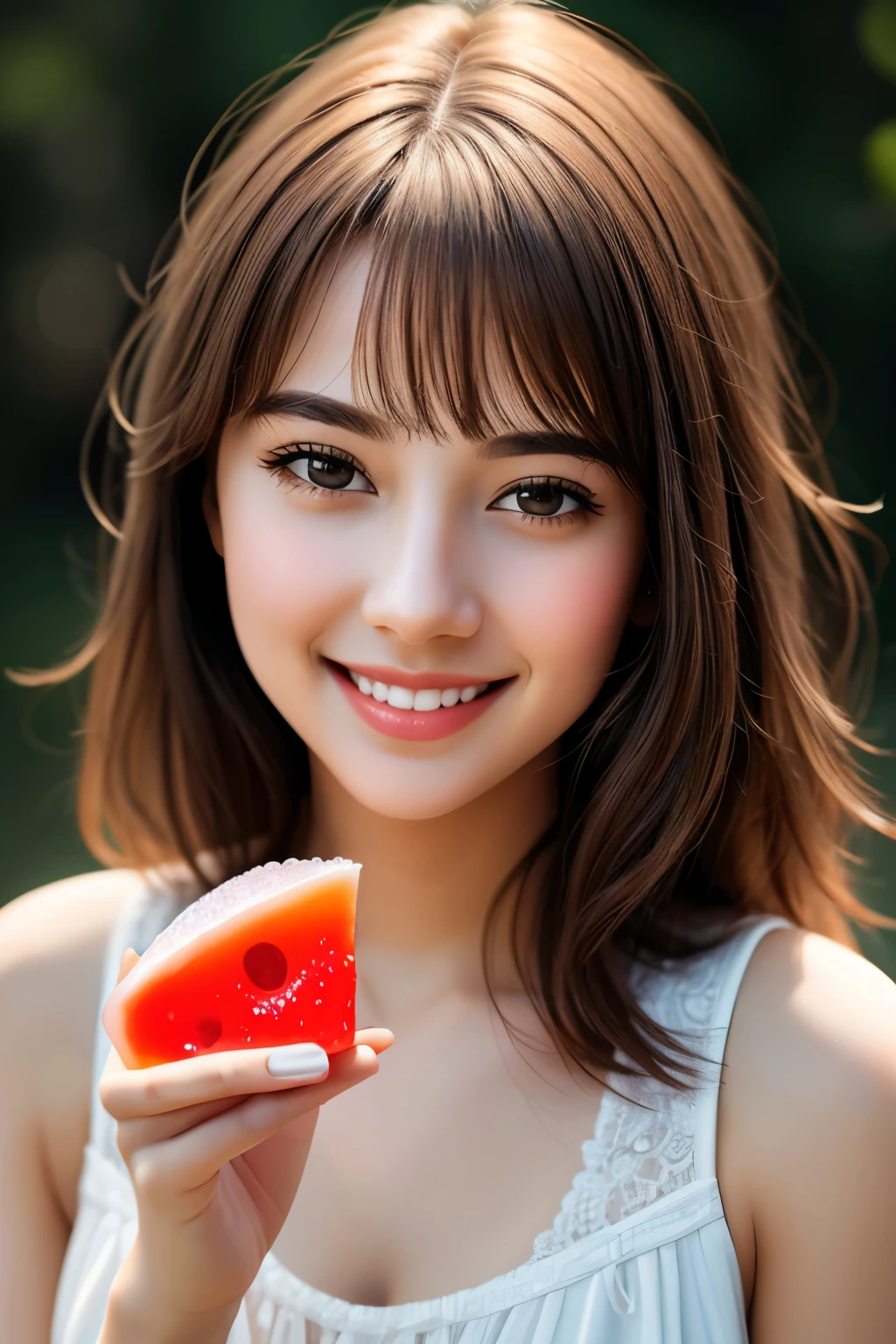 Masterpiece of a girl, eating jelly with a perfect, detailed face, high texture and extraordinary quality, mid-range perspective capturing every fine detail, Ultra-high-resolution image, photo-realistic rendering, lovely expression of playful smile, by a renowned artist.