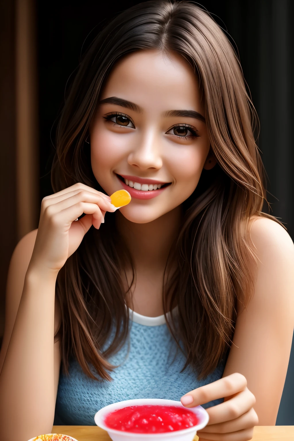 Masterpiece of a girl, eating jelly with a perfect, detailed face, high texture and extraordinary quality, mid-range perspective capturing every fine detail, Ultra-high-resolution image, photo-realistic rendering, lovely expression of playful smile, by a renowned artist.