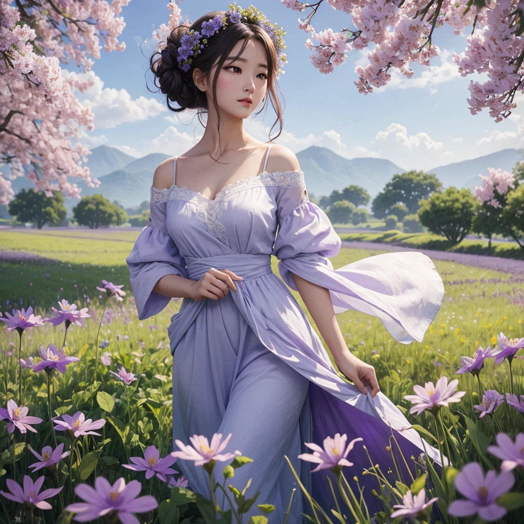 a woman in a lavande field with flowers in her hair, une photo de Yang J, tumblr, art fantastique, lavande, art fantastique style, fantaisie magnifique, beautiful south korean woman, belle fille animée, beautiful work of&#39;Digital art, robe violette, tendance sur cgstation, lavande blush, belle fille asiatique, lavande fields in full bloom, yeux violets et robe blanche, beautiful art fantastique
