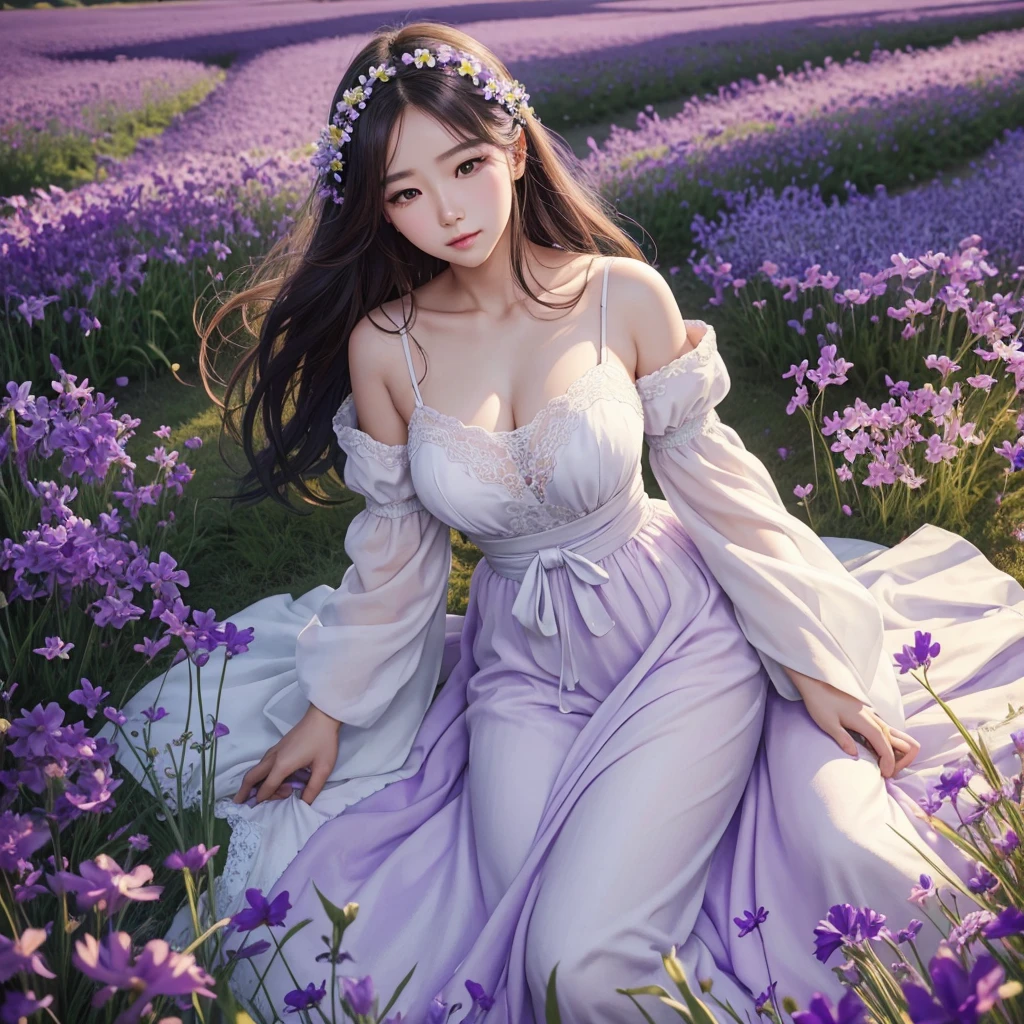 a woman in a lavande field with flowers in her hair, une photo de Yang J, tumblr, art fantastique, lavande, art fantastique style, fantaisie magnifique, beautiful south korean woman, belle fille animée, beautiful work of'Digital art, robe violette, tendance sur cgstation, lavande blush, belle fille asiatique, lavande fields in full bloom, yeux violets et robe blanche, beautiful art fantastique
