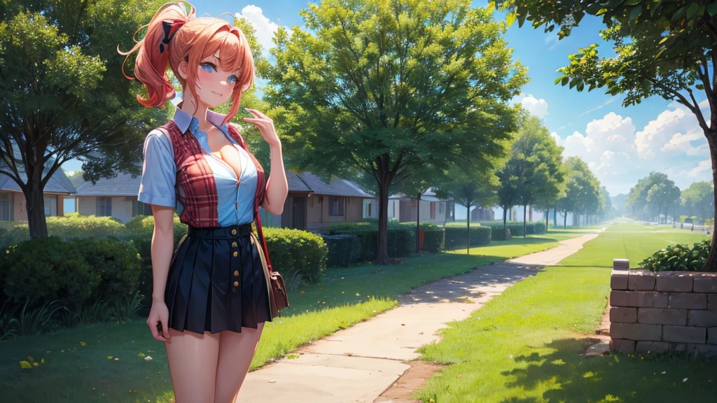 1girl, full body, summer, village, trees, sun, clouds, ((colorful hair)), ponytail, large breasts, button down, blue eyes, ((red, white and green shirt)), ((unbuttoned shirt)), unbuttoning buttons, ((short sleeved shirt)), black mini skirt, brown shoes, grin, looking at the viewer, standing, red, white and green hair ribbon, cleavage, ((golden necklate))