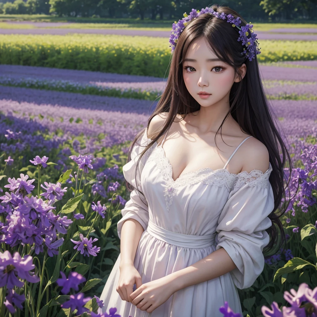 a woman in a lavande field with flowers in her hair, une photo de Yang J, tumblr, art fantastique, lavande, art fantastique style, fantaisie magnifique, beautiful south korean woman, belle fille animée, beautiful work of&#39;Digital art, robe violette, tendance sur cgstation, lavande blush, belle fille asiatique, lavande fields in full bloom, yeux violets et robe blanche, beautiful art fantastique