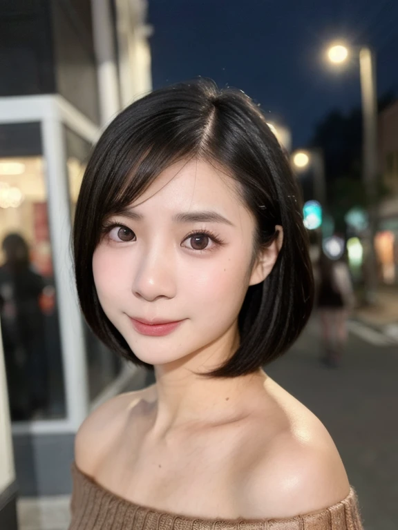 (kawaii 24 year-old Japanese girl, Nogizaka idol, Korean idol), (glossy black hair, pixie cut:1.3), (rounded face, single eyelid, no makeup, soft smiling:1.2), forehead, (wearing off-shoulder knitted sweater:1.3), (well shaped extra small breasts), (looking at viewer:1.2), BREAK, (at night street in downtown background:1.3), (dynamic angle:1.3), BREAK, (masterpiece, best quality, photo realistic, official art:1.4), (UHD, 8K quality wallpaper, high resolution, raw photo, film grain:1.2), (shiny skin), professional lighting, physically based rendering, award winning, (perfect anatomy, highly detailed skin textures, extremely detailed face and eyes, well drawn glittering pupils), Carl Zeiss 85 mm F/1.4, depth of field, 1girl, solo,