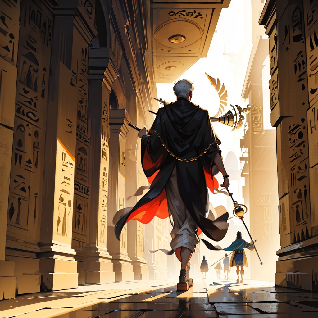 An fit old man wearing ancient Egyptian robes, standing in a dynamic pose walking away from camera, holding a shepherd's wooden staff high, masterpiece, dynamic, cinematic, detailed, high quality, 1 man walking away from camera