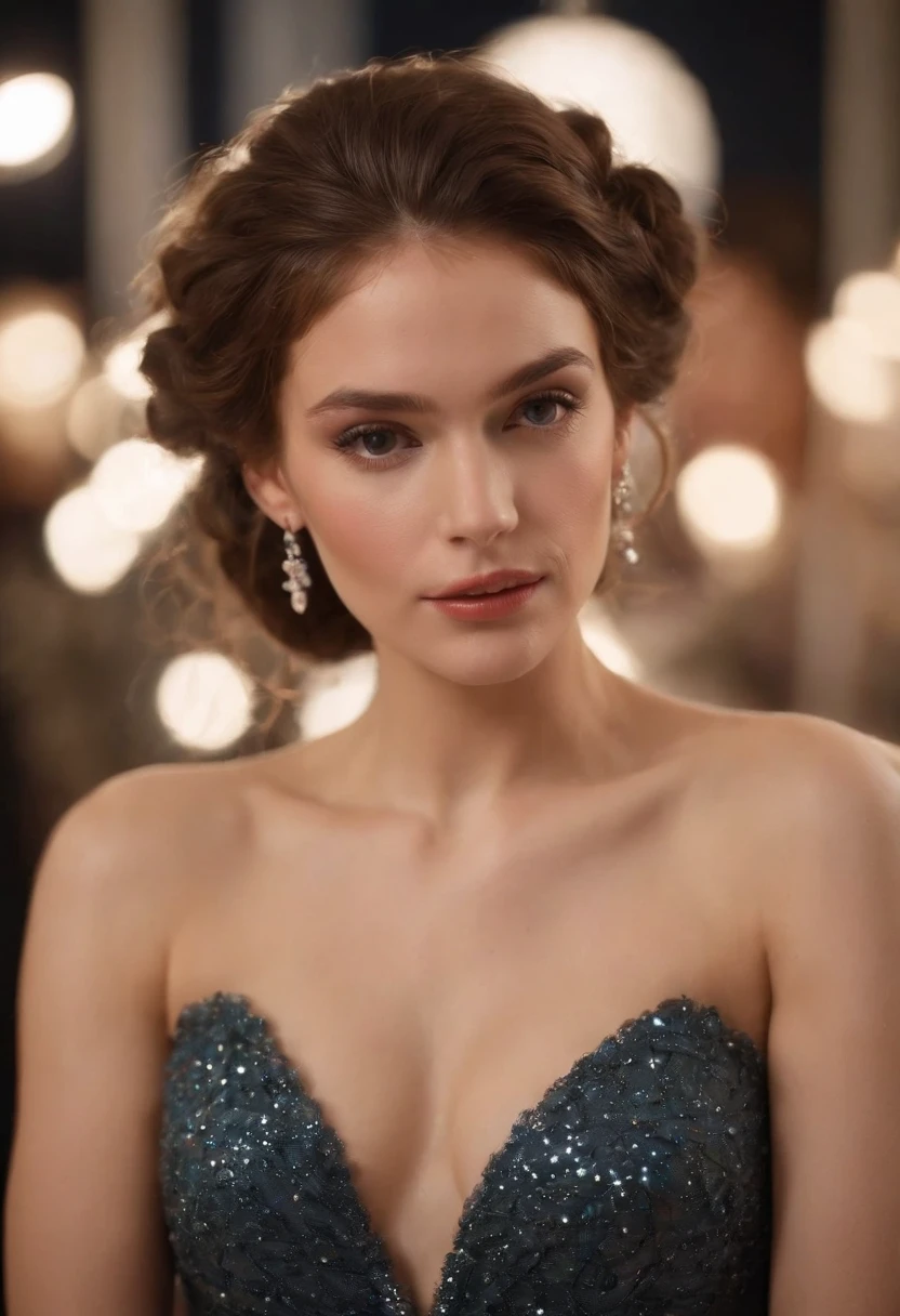 Une femme élégante vêtue d'une robe de soirée étincelante, with sparkling earrings and a sophisticated hairstyle.