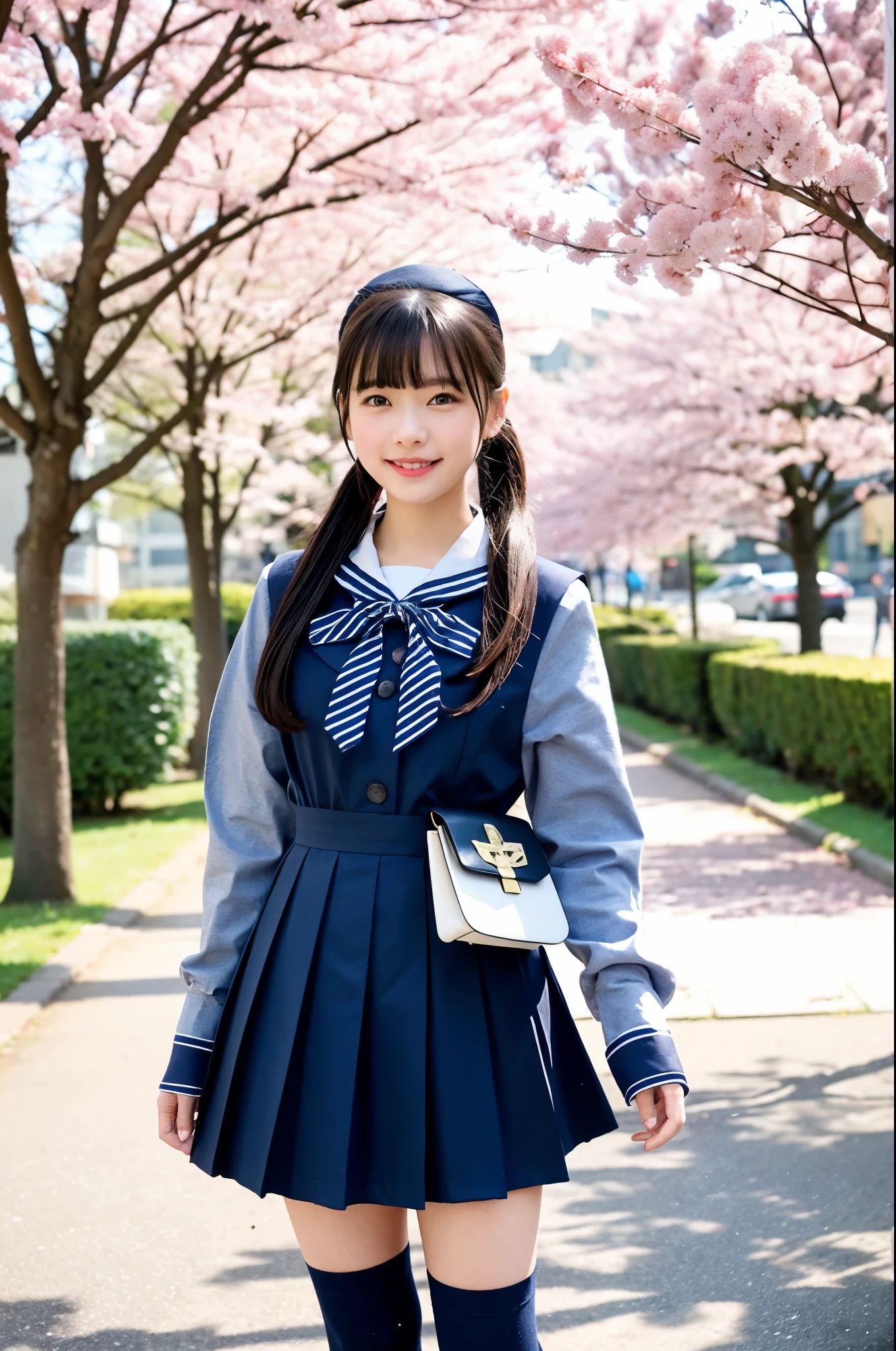 girls walking in cherry blossom street,navy blue long-sleeved sailor dress with navy blue pleated skirt,red bow tie,navy blue high socks,shool bag,18-year-old,bangs,a little smile,thighs,knees,low ponytail with barrette,from below,front light