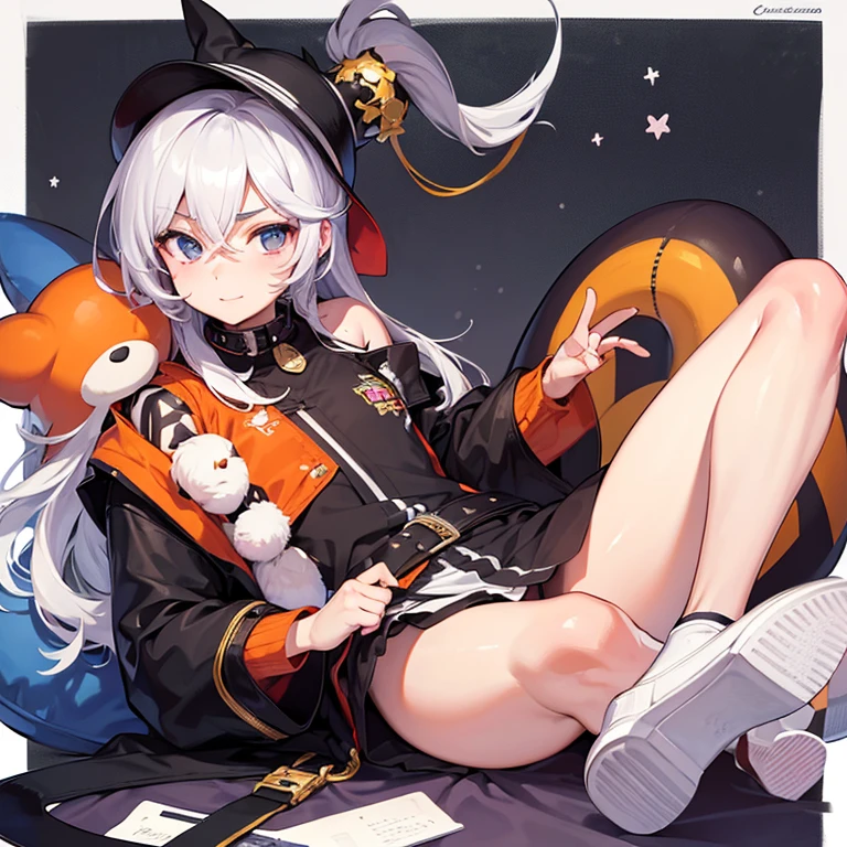 ((pale skin)), (zombie boy with head sticker), (red moon), (short hair), (purple eyes), (white hair), (blue and white striped sailor suit), (blue and white striped shorts), (barefoot), (happy), (cat ear tail), (handsome), (sitting on the moon),