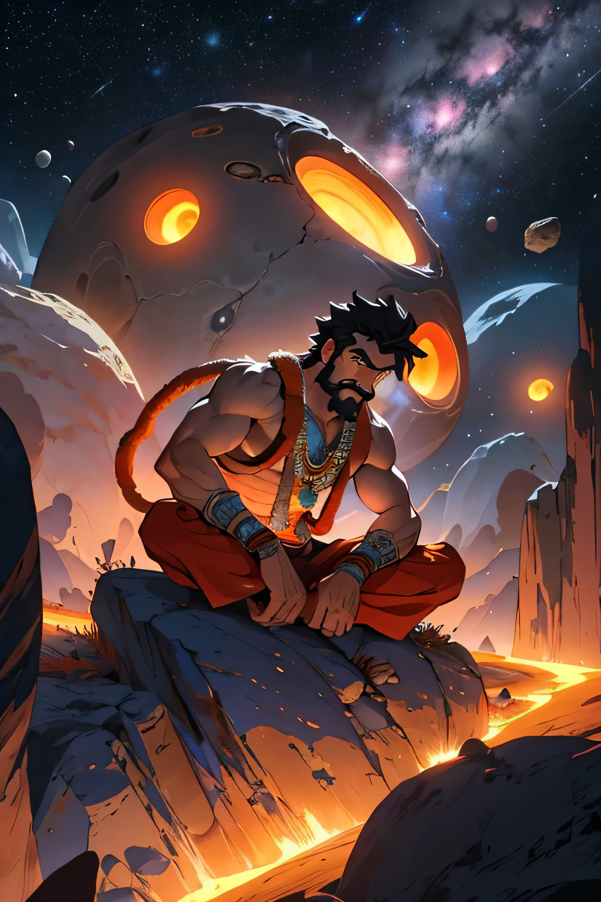 Draw a little hanuman ji’s don, sitting on a research platform floating in the middle of an asteroid belt. He is talking with hanuman ji, surrounded by several asteroids glowing with fiery auras. Dramatic lighting from distant stars and planets illuminates the scene, casting deep shadows on the suit. The  looks confident and determined, looking at the vast and mysterious universe with wonder and respect,facial hair, cowboy shot,