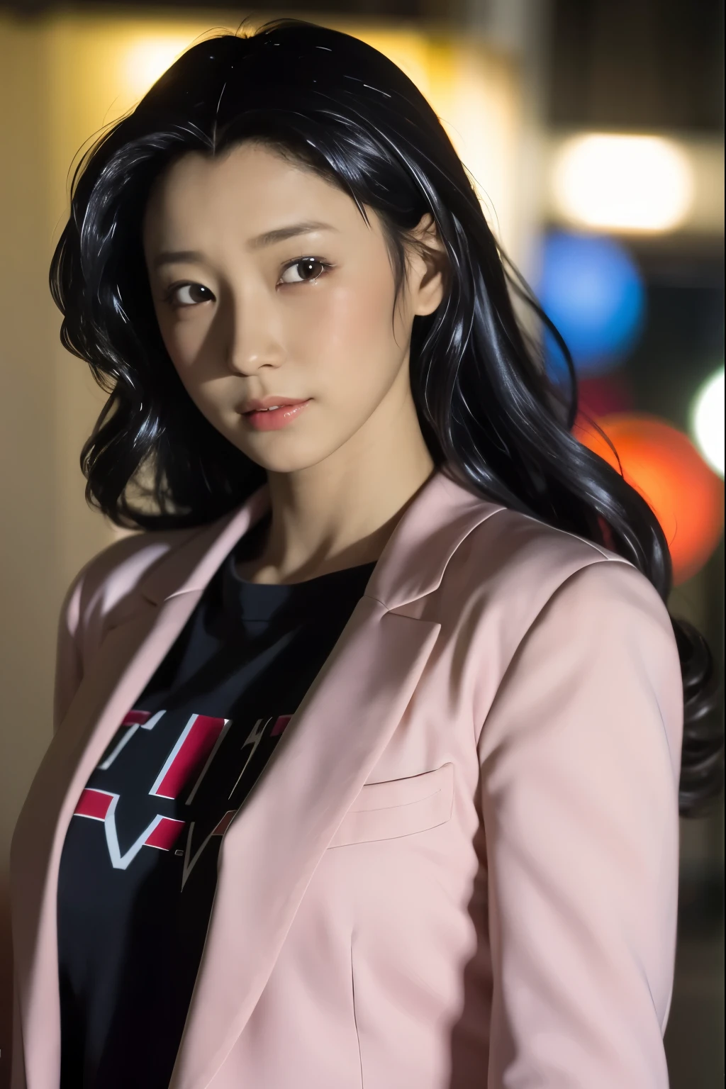 Wearing a satin blouse, also wearing a satent wrench coat, the material of the blouse and trench coat is satin, strong glossy, soft and smooth and smooth to the touch, the buttons on the front of the blouse are fastened, no bra is on, the blouse is fit the body, the chest is C cup, Japan fashion model, wearing a shirt, wearing a coat, one beautiful woman