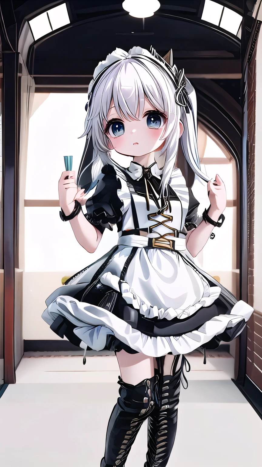 white hair，loli，Nasida，maid outfit，Shy，blush，black boots，Classroom scene，for the audience，stand