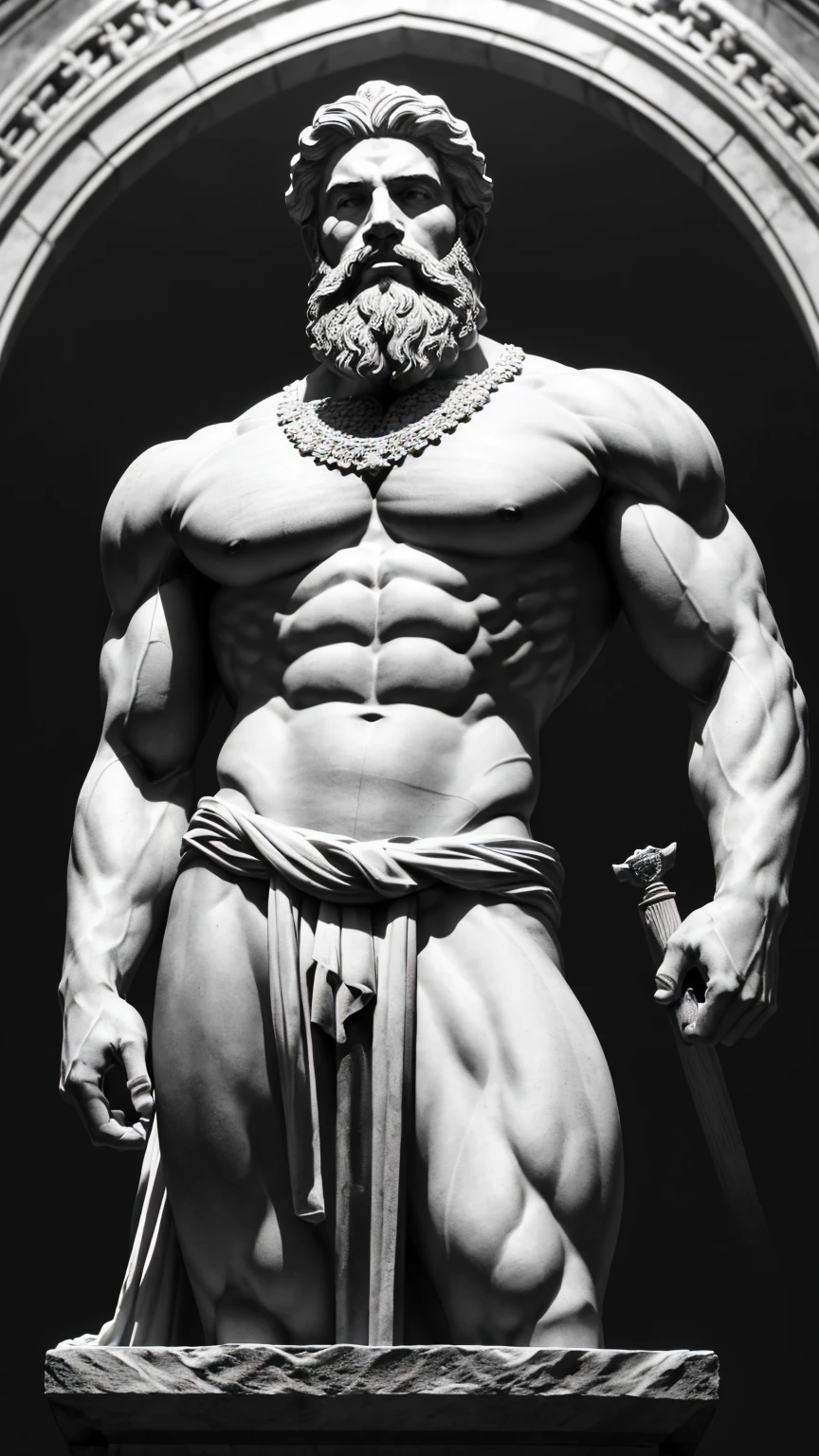 Black and white Image of a half body statue depicting a muscular, bearded man. The statue should be standing proudly and posing like a king of whole world in the style of ancient Greek art, characteristic of Stoicism. It should feature clothing elegantly draped over one shoulder. The background should be extremely dark and epic, highlighting the statue as the central element. The statue must demonstrate exceptional craftsmanship, with intricate details visible in the facial features and attire. The image should have a cinematic and dramatic feel, achieved through the interplay of light and shadow. The perspective should be a wide shot.