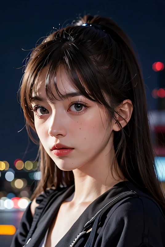 1 girl, Tokyo Street,night, city View,city lights, whole body,close up, 8K, original photo, best quality, masterpiece,actual, photo-actual,