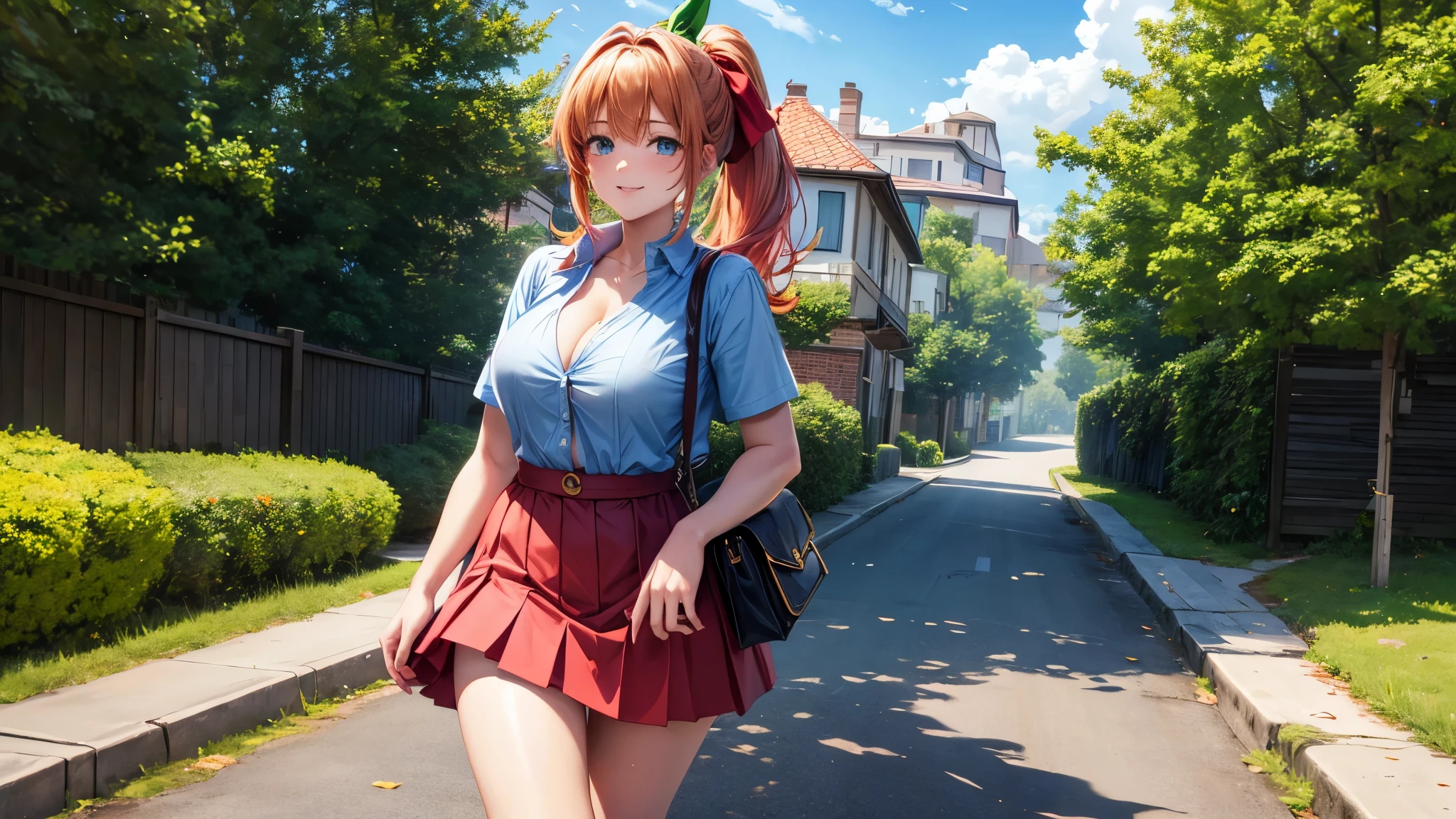 1girl, full body, summer, village, trees, sun, clouds, ((colorful hair)), ponytail, large breasts, cleavage, button down, blue eyes, ((dark green shirt)), ((unbuttoned shirt)), unbuttoning buttons, ((short sleeved shirt)), mini skirt, brown shoes, grin, looking at the viewer, standing, red, white and green hair ribbon, ((golden necklate))