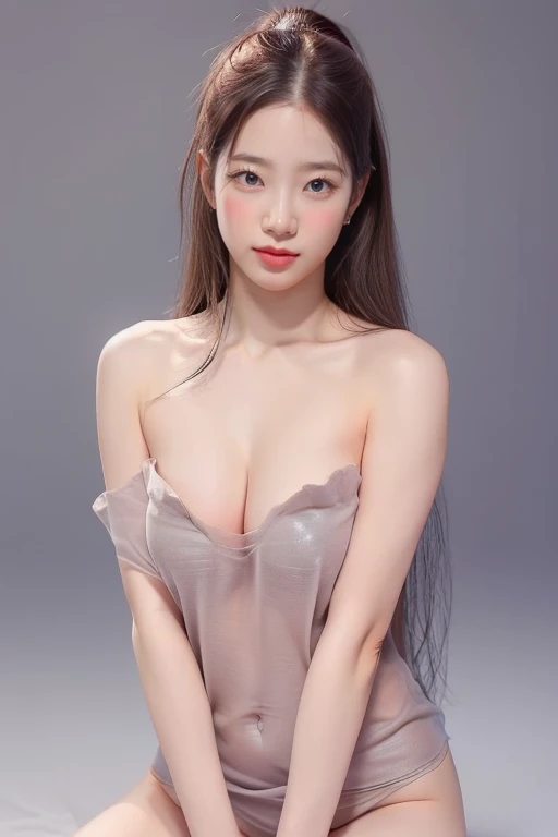 highest quality, masterpiece, ultra high resolution, (realistic:1.4), Raw photo, 1 girl aged 18, simple gray background, ((naked、ballerina、I can see the cleavage、lean forward)), looking at the viewer