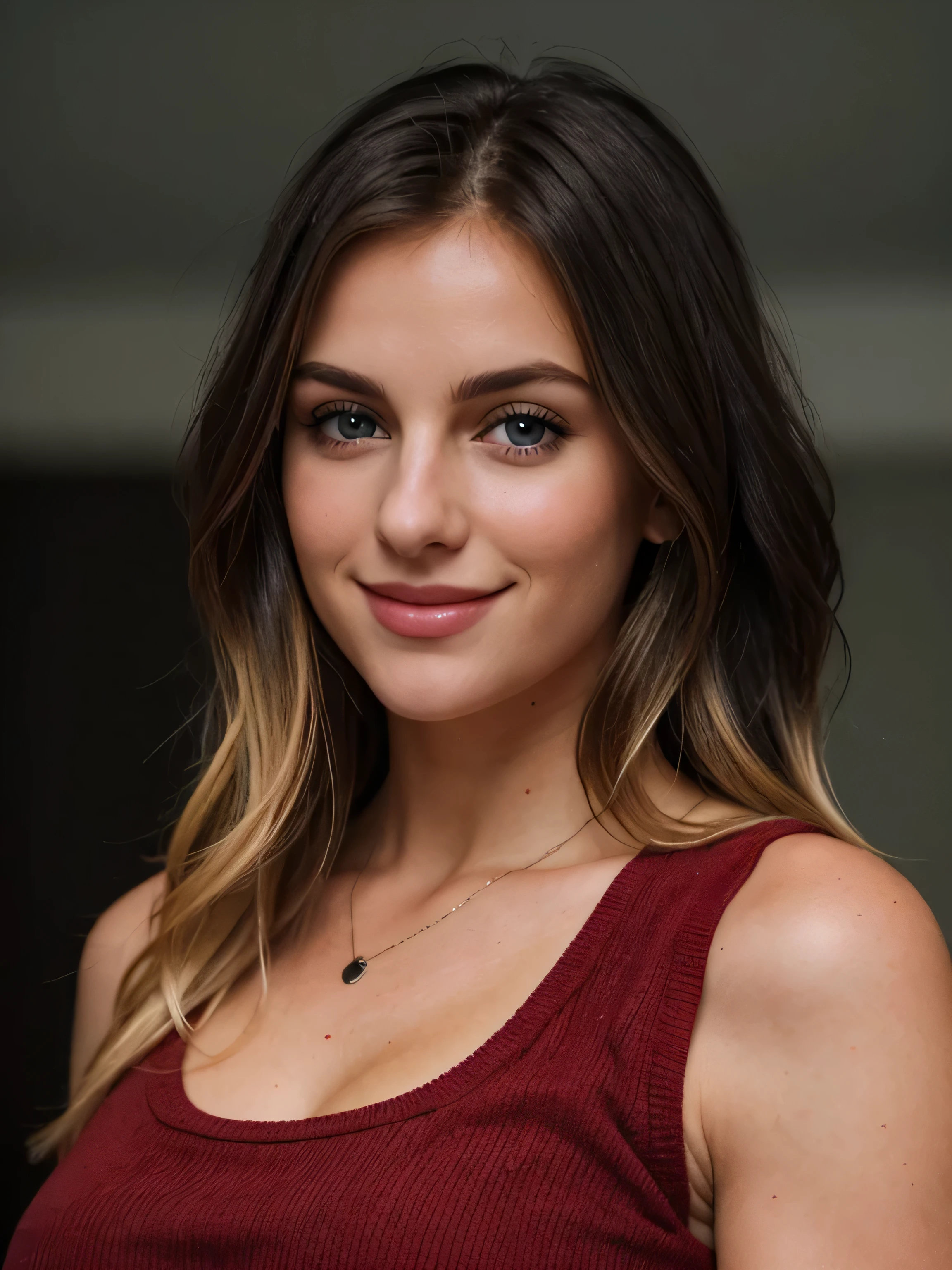 a closeup dark full body shot photo of a blonde with perfect eyes, smile, wearing red top full photo standing, colours on face and body, Sam face, same photo, dark hair colour
