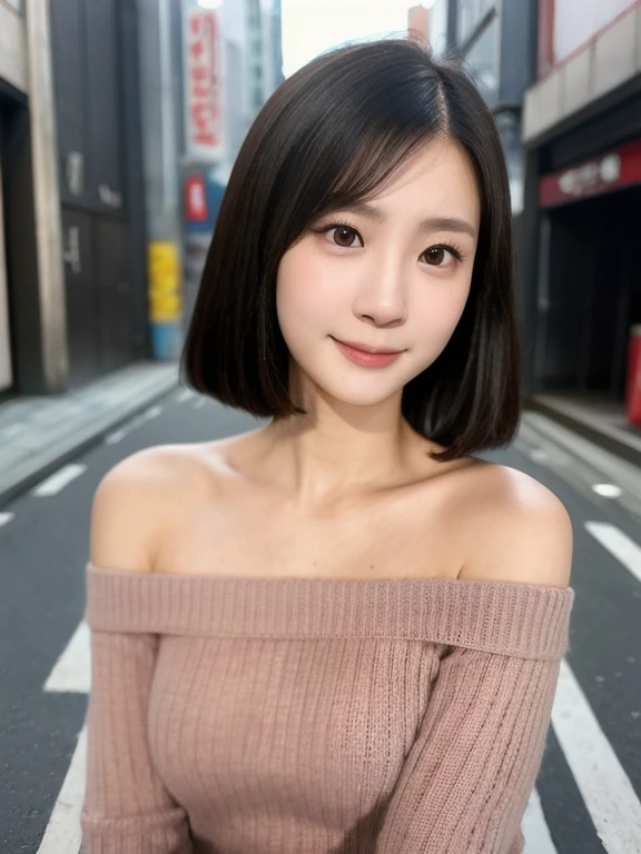 (kawaii 24 year-old Japanese girl, Nogizaka idol, Korean idol), (glossy black hair, pixie cut:1.3), (rounded face, single eyelid, no makeup, soft smiling:1.2), forehead, (wearing off-shoulder knitted sweater:1.3), (well shaped extra small breasts), (looking at viewer:1.2), BREAK, (at midnight street in Seoul background:1.3), (dynamic angle:1.3), BREAK, (masterpiece, best quality, photo realistic, official art:1.4), (UHD, 8K quality wallpaper, high resolution, raw photo, film grain:1.2), (shiny skin), professional lighting, physically based rendering, award winning, (perfect anatomy, highly detailed skin textures, extremely detailed face and eyes, well drawn glittering pupils), Carl Zeiss 85 mm F/1.4, depth of field, 1girl, solo,