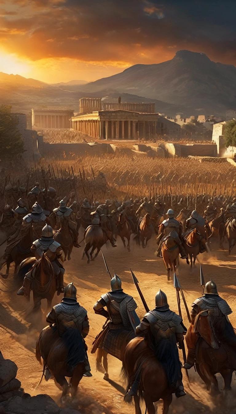 A hauntingly realistic and detailed scene of huns armies clashing with ancient Roman soldiers. Ruins of magnificent infrastructure lie in the background as the savage armies seize and clash over precious lands. The bones of fallen heroes litter the ground as the sun sets, casting long, menacing shadows in the decrepit battlefield, (best quality, ultra-detailed, realistic: 1.37), golden hues, evening sunlight, dramatic shadows, courageous poses, historical accuracy, war art, intense lighting, epic realistic, Soft cinematic portrait, adobe lightroom, photographic lab, altamente detalhado, desbotado, (cores neutras: 1,2), (hdr: 1,4) , (cores suaves:1.2), hiperdetalhado, (artstation:1.4), cinemactic, luzes quentes, dramatic light, (detalhes intrincados:1.1), fundo complexo, (rutkowski:0.66), (azul e laranja:0.4), 8K