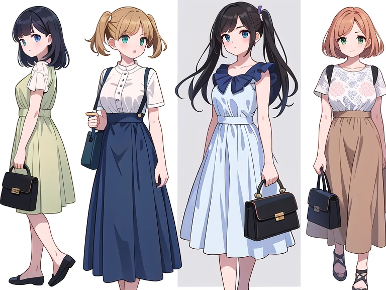 (((Best Quality))) , 4 women, multiple views, white background, variety of hairstyles, spring outfits, holding bag, walk pose, holding smart phone, looking at another, dark blue/dark orange/dark green/dark violet/brown/white,