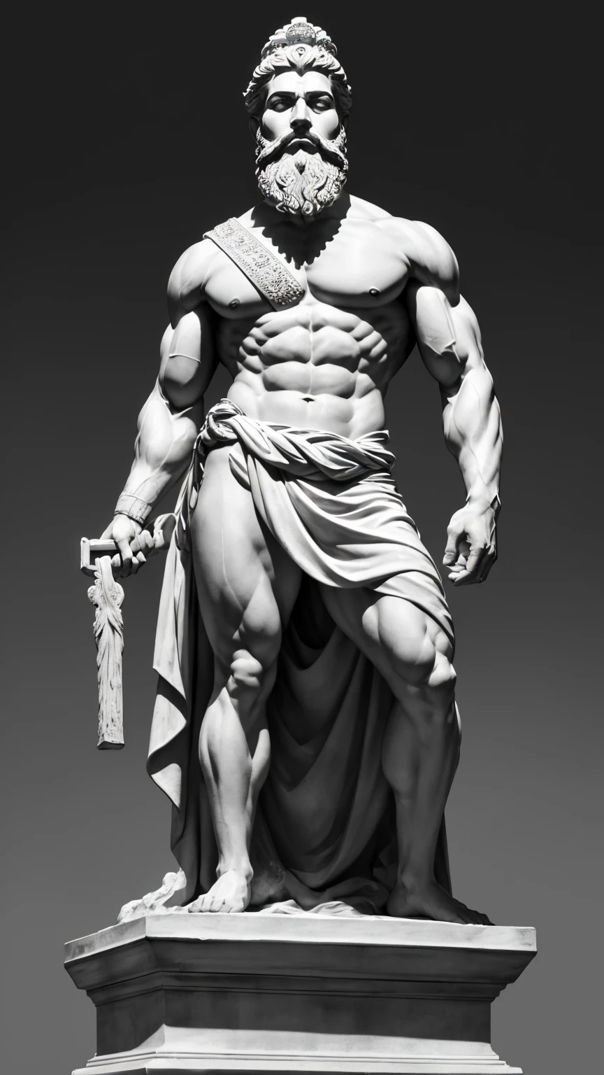 Black and white Image of a half body statue depicting a muscular, bearded man. The statue should be standing proudly and posing like a king of whole world in the style of ancient Greek art, characteristic of Stoicism. It should feature clothing elegantly draped over one shoulder. The background should be extremely dark and epic, highlighting the statue as the central element. The statue must demonstrate exceptional craftsmanship, with intricate details visible in the facial features and attire. The image should have a cinematic and dramatic feel, achieved through the interplay of light and shadow. The perspective should be a wide shot.