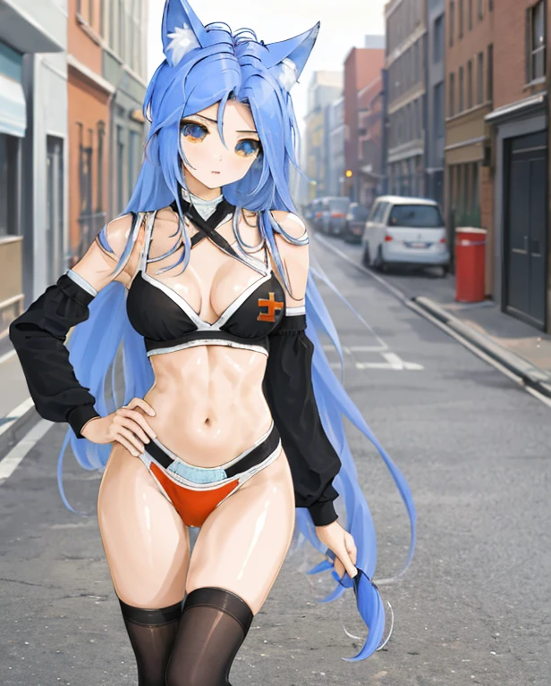 chaesu-minah, 1girl, solo, white crop top, sleeveless, cleavage, medium breasts, athletic body, ((panties, panty straps:1.2)) hands on hips, blue eyes, blue hair, 8k, high resolution, shallow depth of field, high detailed, in the street, masterpiece, best quality, highly detailed, fox girl, fox ears, fluffy blue fox tail,