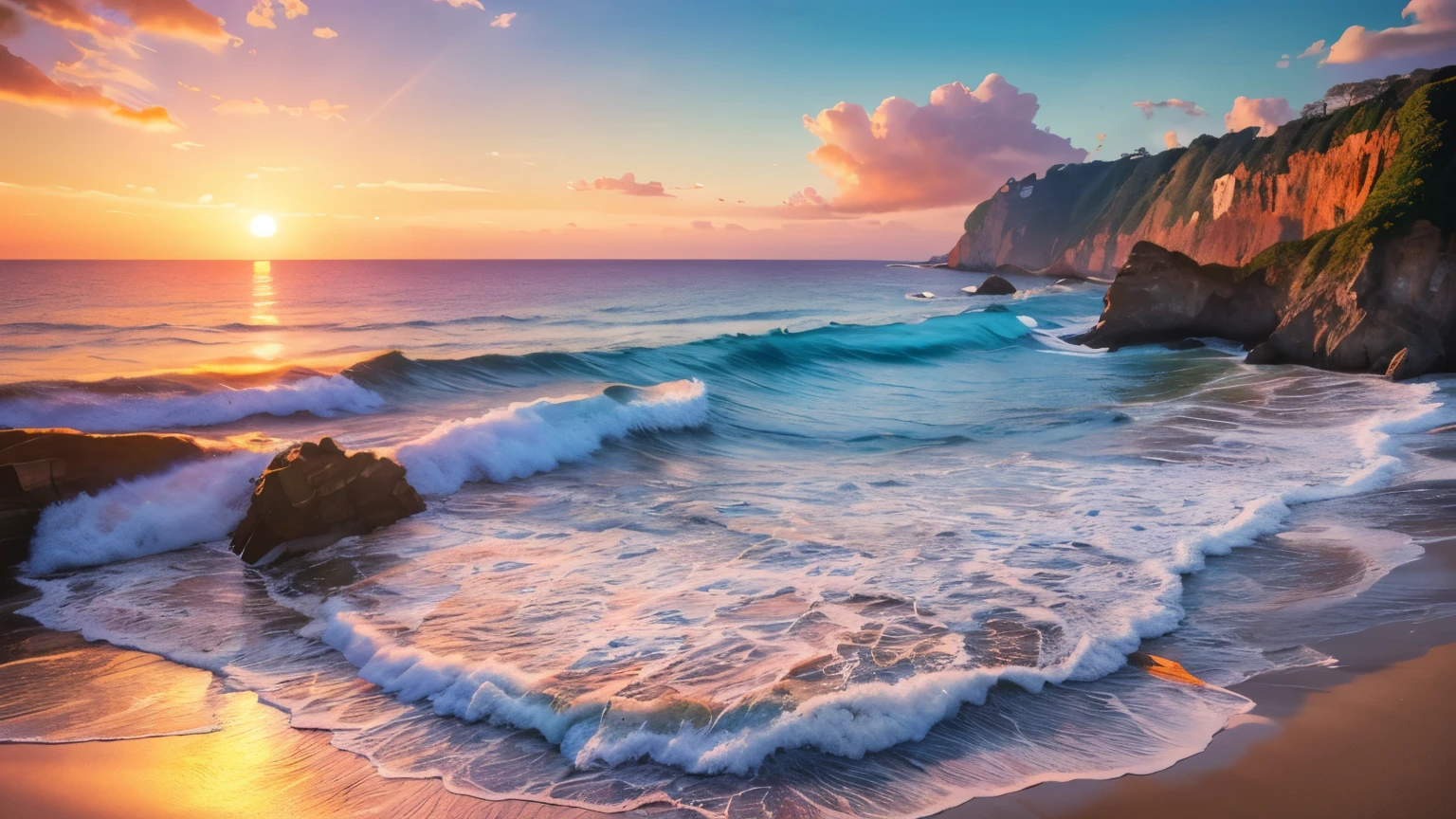 ((top-notch quality)), ((masterwork)), ((true-to-life)), Sunset at Pantai Dreamland beach casting a serene glow amidst the crashing waves, seaside cliff edge, dramatic, fiery sunset, Vincent Van Gogh, impressionistic, canvas oil painting, landscape, vivid hues of crimson, orange, and indigo, 3D render, high-res, 8K resolution, at eye level, picturesque, masterwork. FUJIFILM GFX100 II. 50MM lens