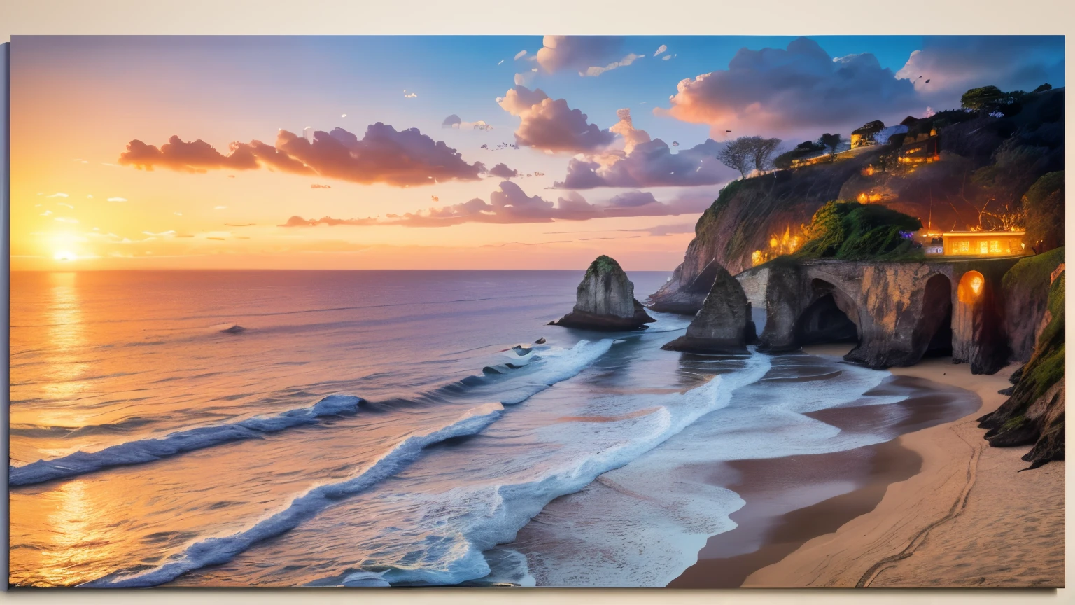 ((top-notch quality)), ((masterwork)), ((true-to-life)), Sunset at Pantai Dreamland beach casting a serene glow amidst the crashing waves, seaside cliff edge, dramatic, fiery sunset, Vincent Van Gogh, impressionistic, canvas oil painting, landscape, vivid hues of crimson, orange, and indigo, 3D render, high-res, 8K resolution, at eye level, picturesque, masterwork. FUJIFILM GFX100 II. 50MM lens