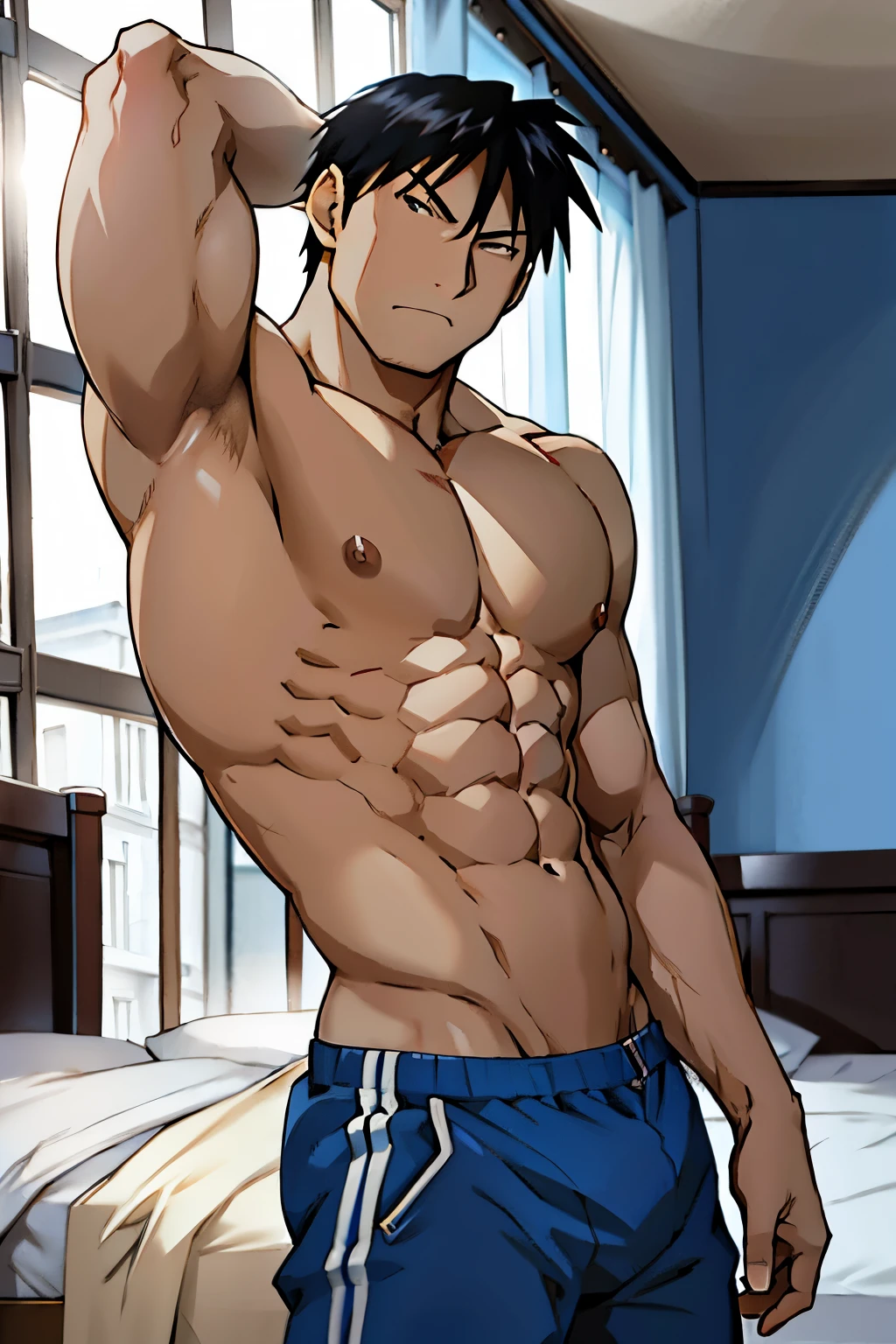 Roy Mustang from Full Metal Alchemist, wearing blue underpants, bodybuilder, with oiled skin, posing, defined body, shirtless, abs,  bedroom