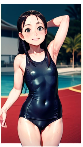 highest quality、realistic、Japanese、girl、cowboy shot、look up、cute、Green eyes、long hair、black hair、all back、Forehead is coming out、Ocean、swimsuit、joy、sunburn、Midsummer、Sweat、slender、small breasts、stretch、raise your arms、armpit hair