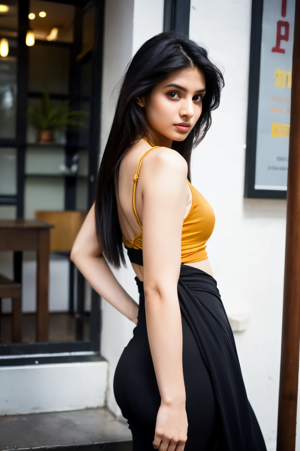 there is a woman with long black hair wearing a salwar kameez, indian girl with brown skin, sexy girl with dark complexion, indian, showing her shoulder from back, gorgeous young model, photo of a beautiful woman, portrait of a beautiful model, indian super model, side portrait imagery, looking her shoulder, mid-shot portrait of a beautiful, beautiful young woman, black jewellery, standing in front of a cafe ,wearing sandals on her feet.
