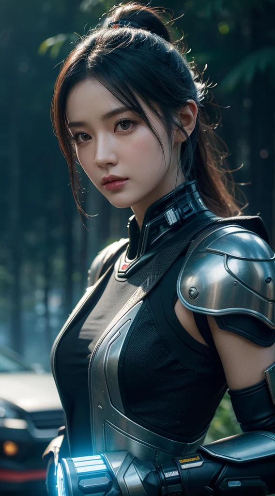 Close-up of bamboo forest Chinese architectural landscape photo, cyber punk perssonage,Future Fantasy Technology,Robot Valkyrie effect，colorful vivid octane render, cybernetic and highly detailed, loba andrade from apex legends, created in unreal engine 5, made in unreal engine 5, trending on unreal engine 5, anfas portrait of a mech warrior, fantasy style 8 k octane render, rendered in unreal 5, rendered in high octane